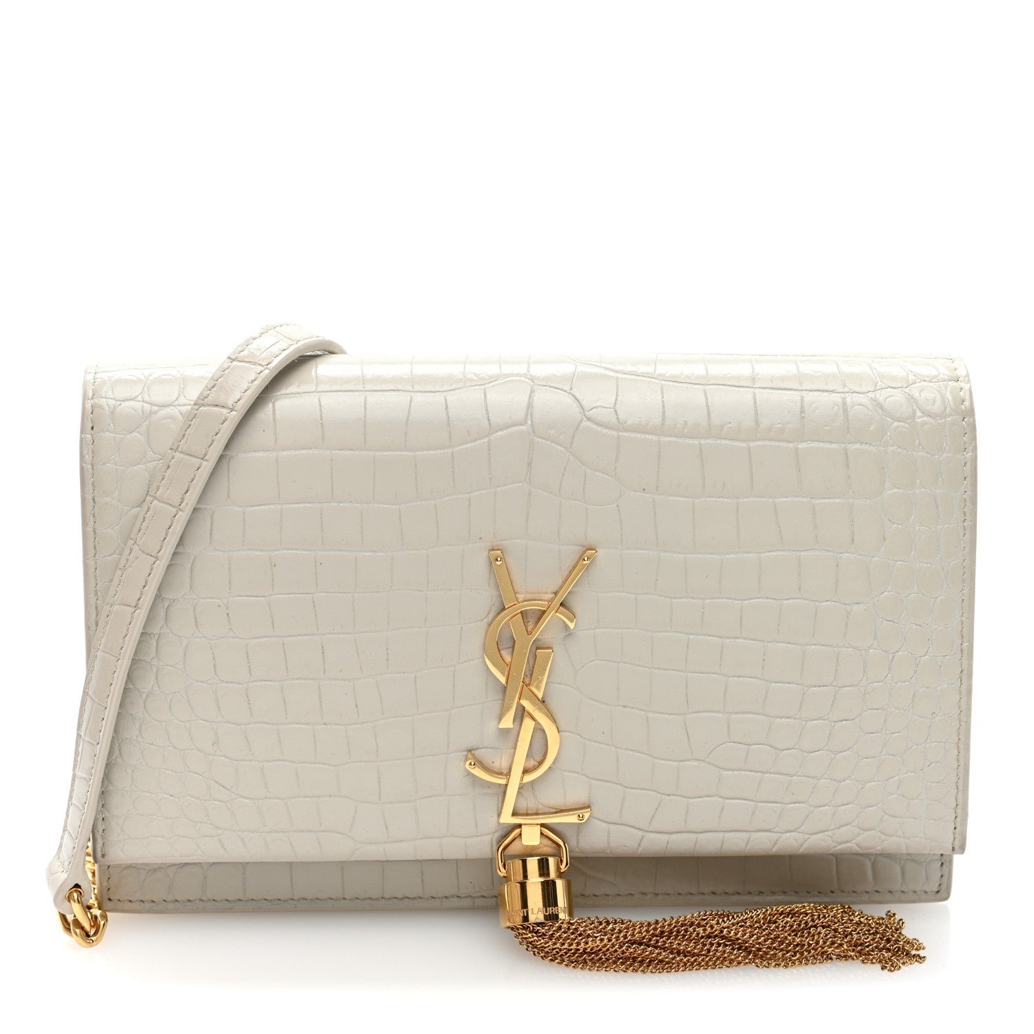 Saint Laurent Calfskin Crocodile Embossed Kate Monogram Tassel Chain Wallet Crema Soft