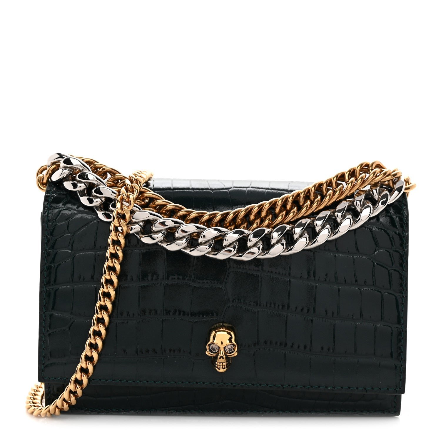 Alexander McQueen Glazed Calfskin Crocodile Embossed Small Skull Shoulder Bag Green