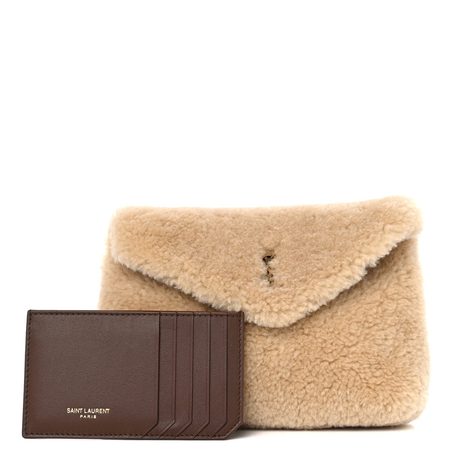 Saint Laurent Shearling Quilted Monogram Loulou Puffer Pouch Clutch Natural Beige Brick