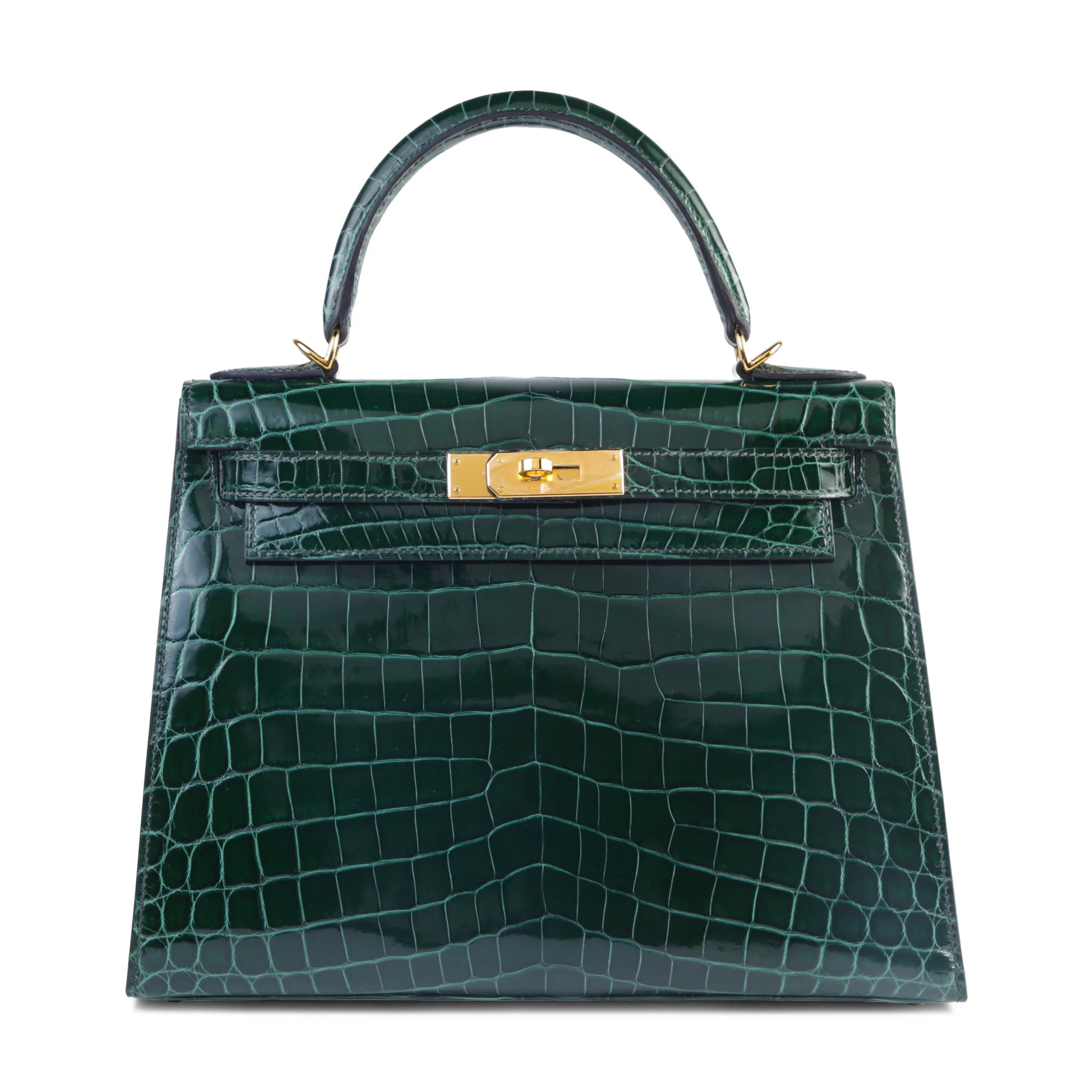 Unused ( Rank NS ) HERMÈS Kelly 28 Sellier Vert Fonce (67) Shiny Niloticus Crocodile Gold hardware W (2024)