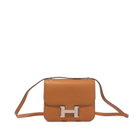 Hermes Caramel Evercolor and Rose D'Ete Mini Constance 18 Palladium Hardware, 2021