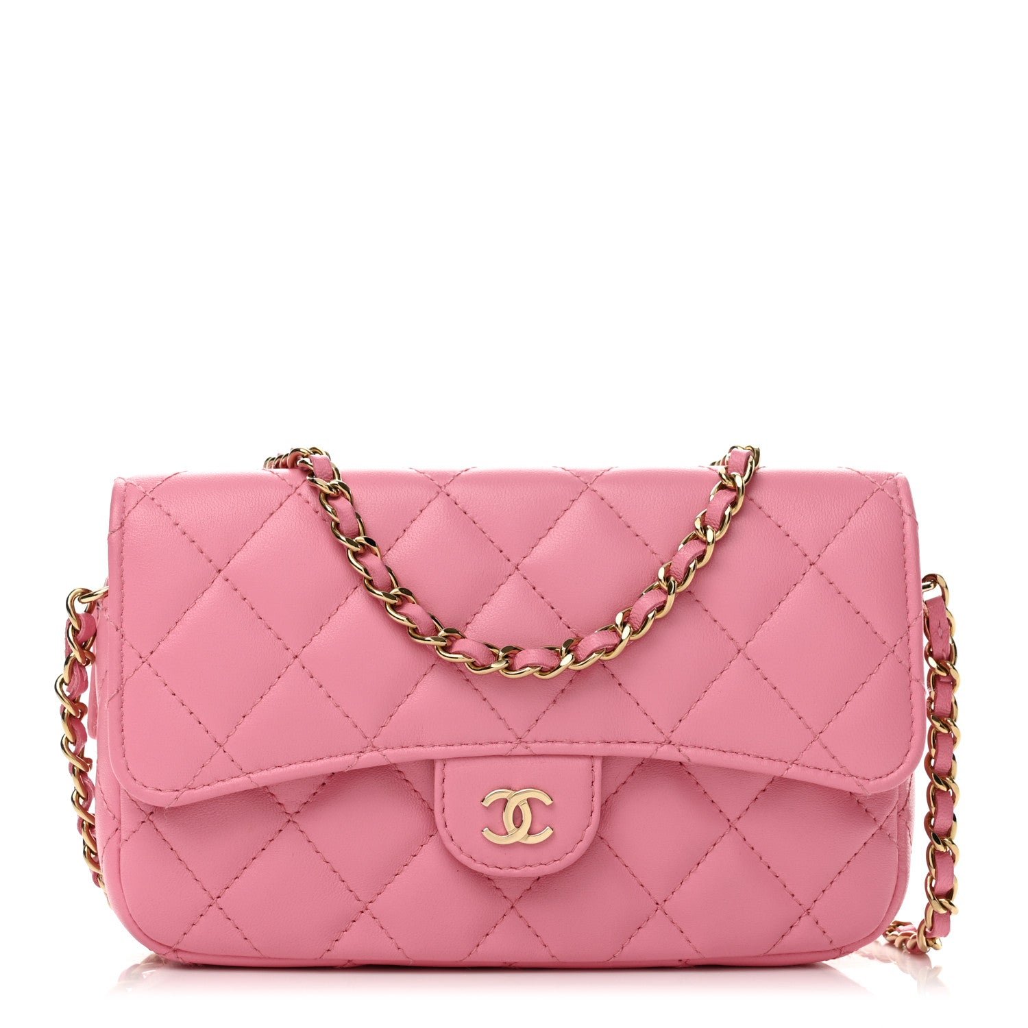 Chanel Lambskin Quilted Flap Phone Holder With Chain Pink
