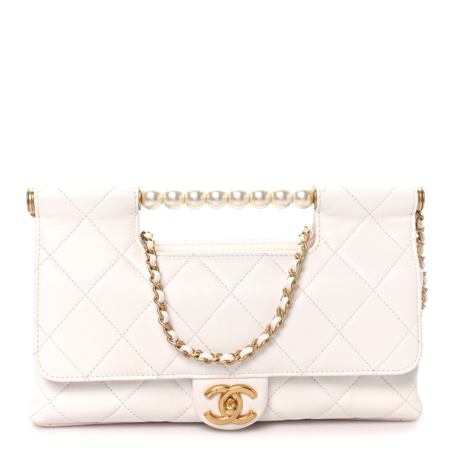 Chanel Shiny Lambskin Pearl Top Handle Flap Shopping Bag White