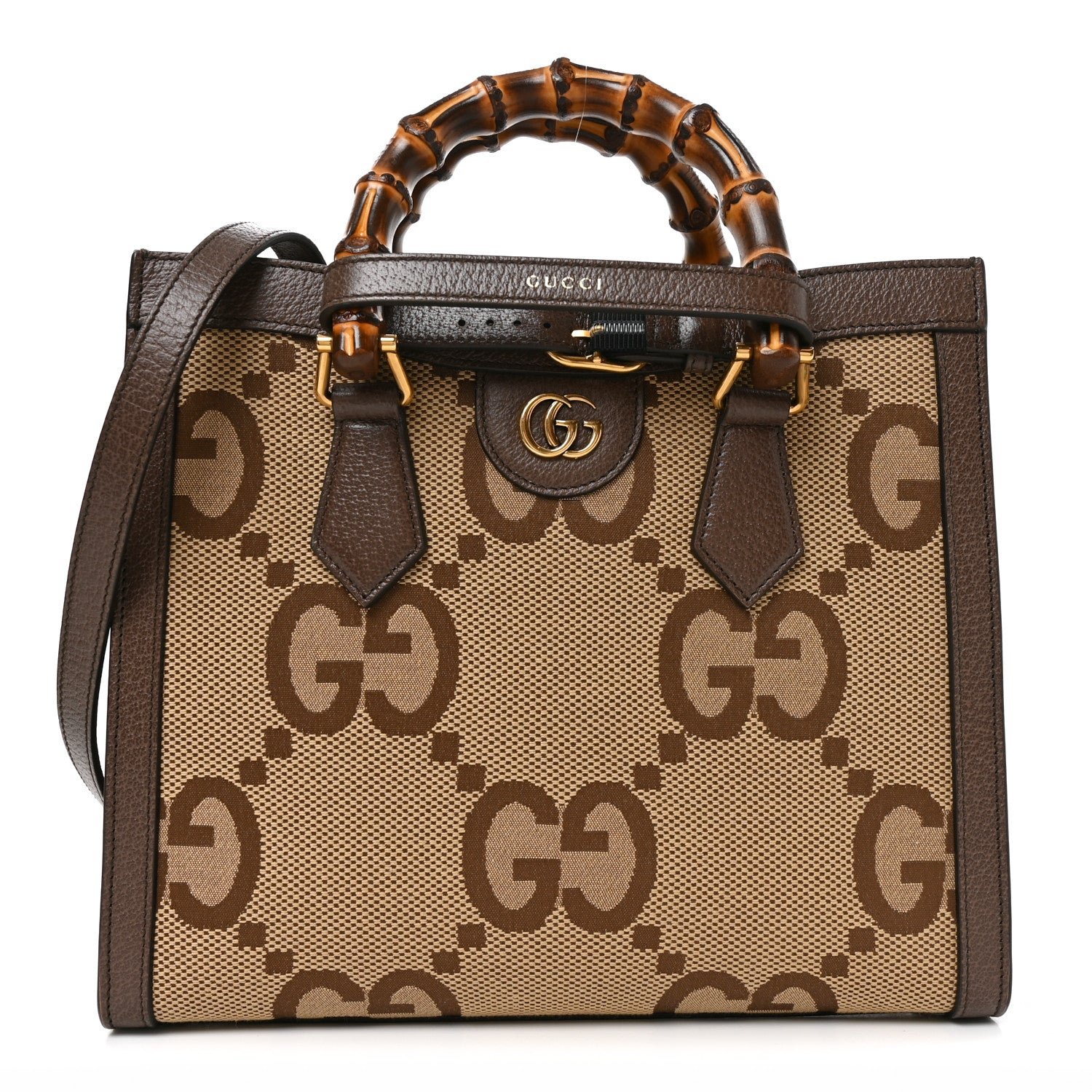 Gucci Monogram Jumbo GG Textured Dollar Calfskin Small Diana Tote Bag Camel Ebony New Acero