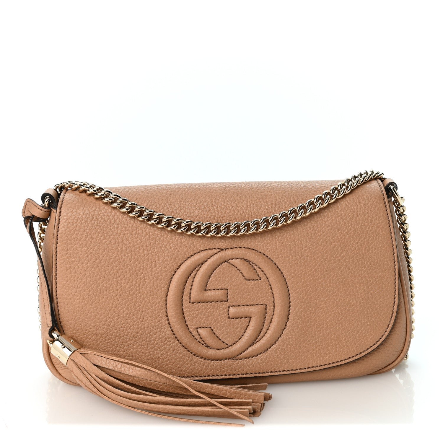 Gucci Pebbled Calfskin Medium Soho Flap Crossbody Camelia