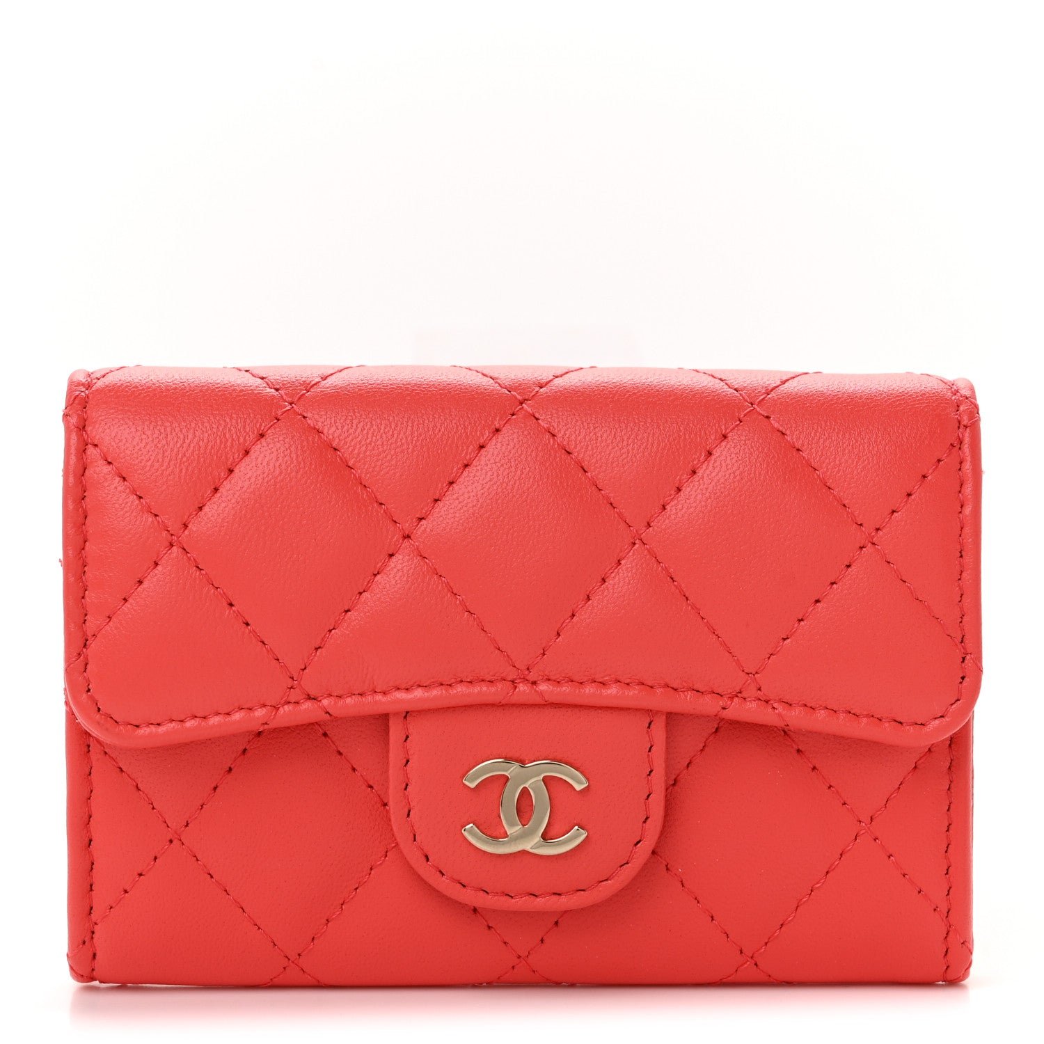 Chanel Lambskin Quilted Flap Card Holder Wallet Coral
