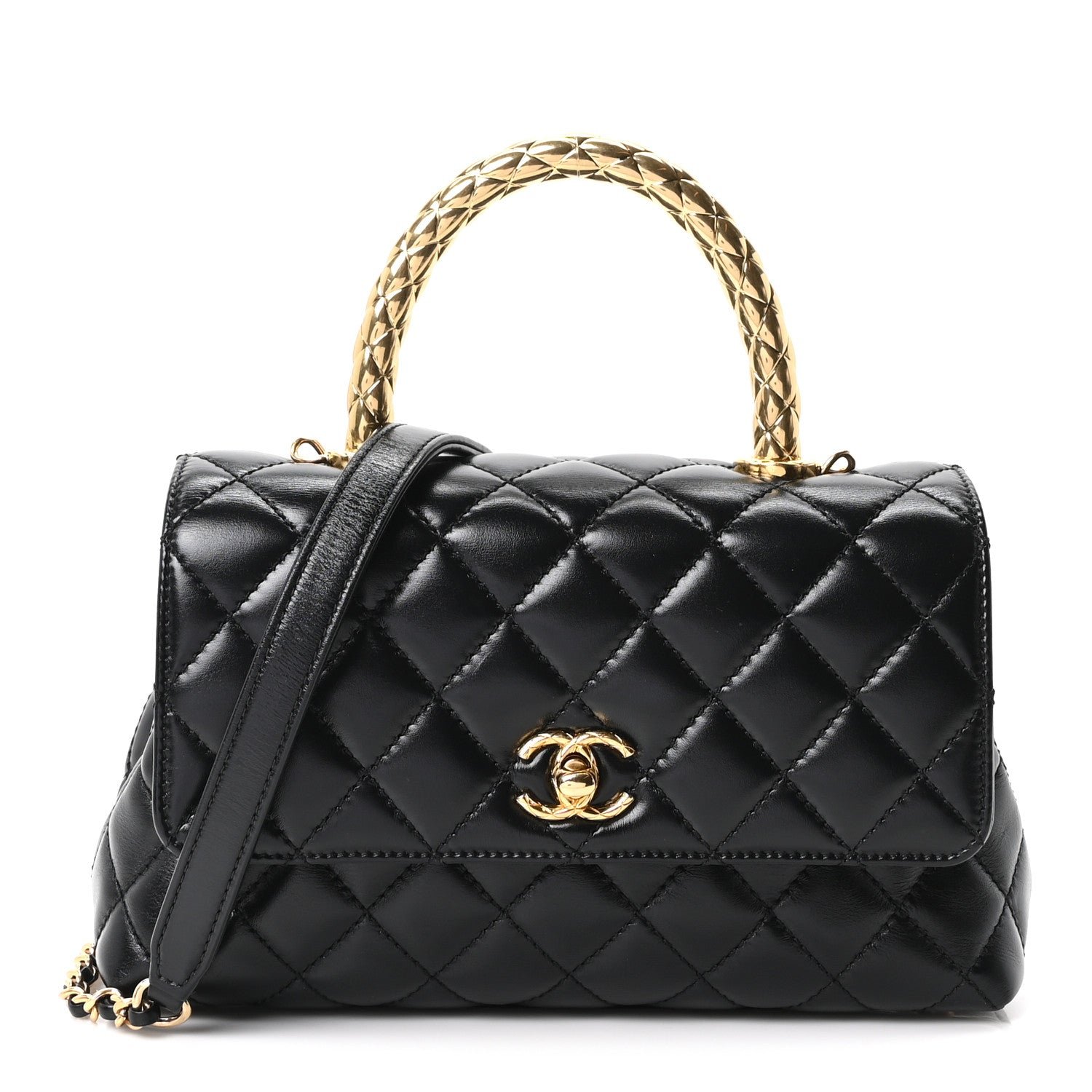 Chanel Shiny Calfskin Quilted Mini Coco Chain Gold Handle Flap Black