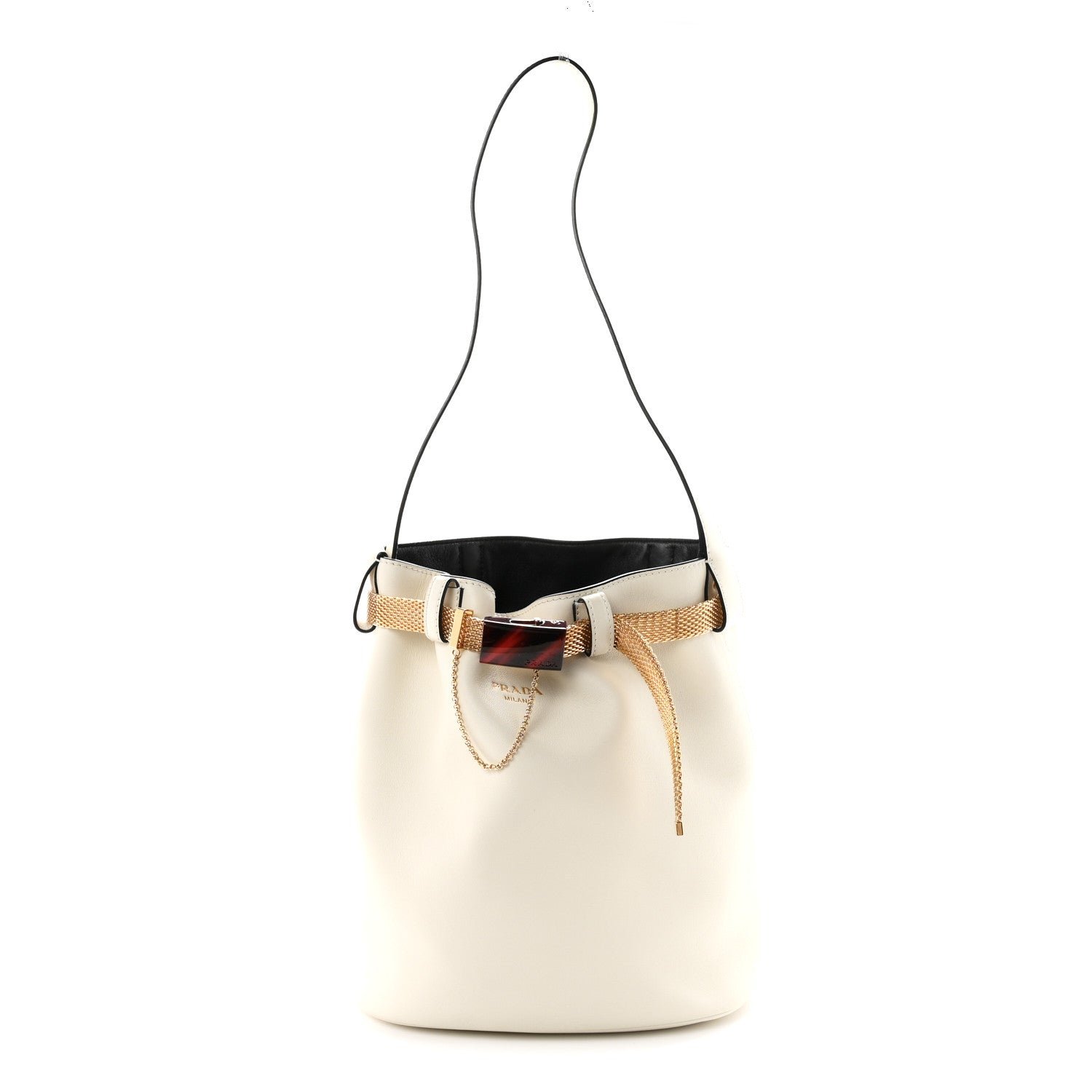 Prada Calfskin Buckle Bag With Jeweled Belt  White Black