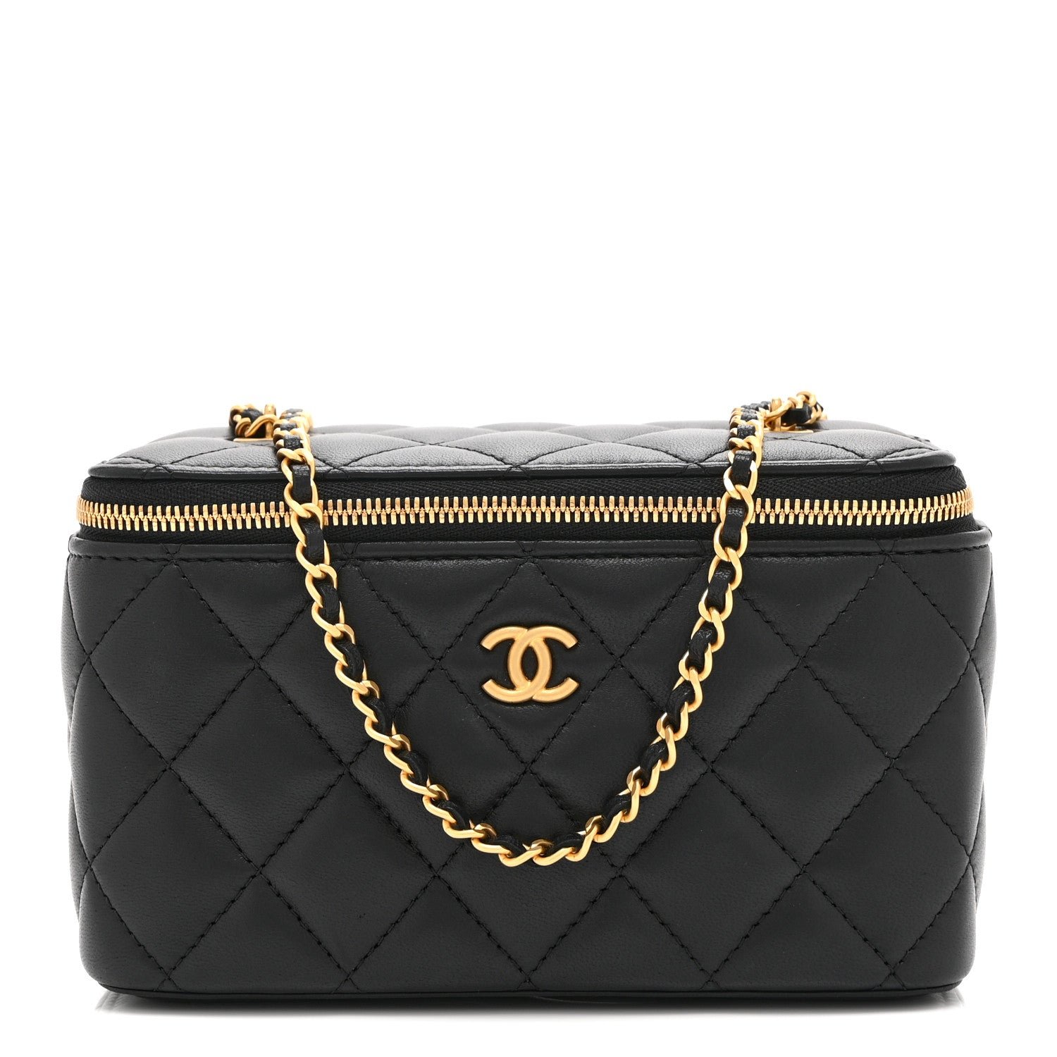 Chanel Lambskin Enamel Quilted Small Coco Hearts Vanity Case With Chain Black