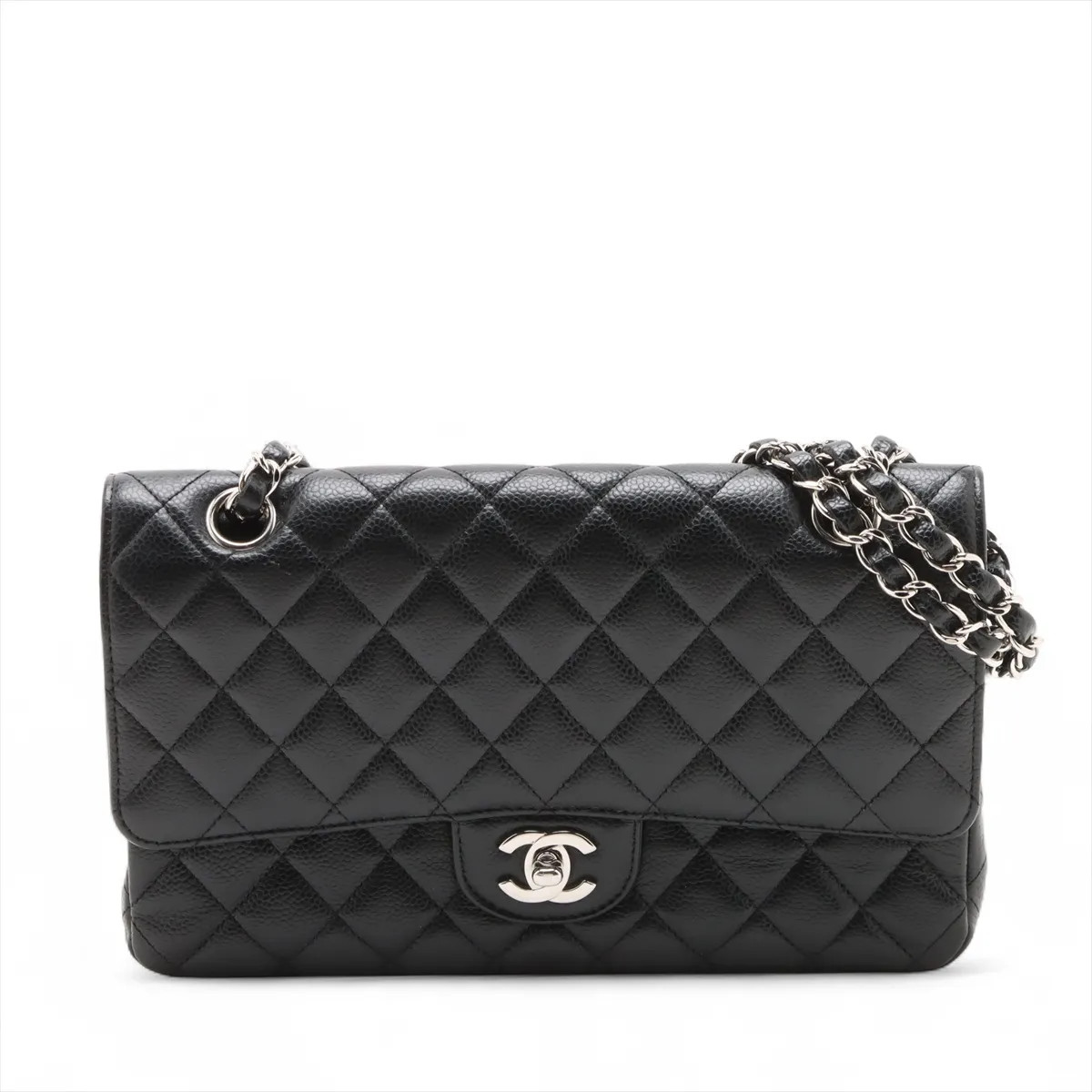Chanel Matelasse 25 Caviar Skin Double Flap Double Chain Bag Black Silver Metal