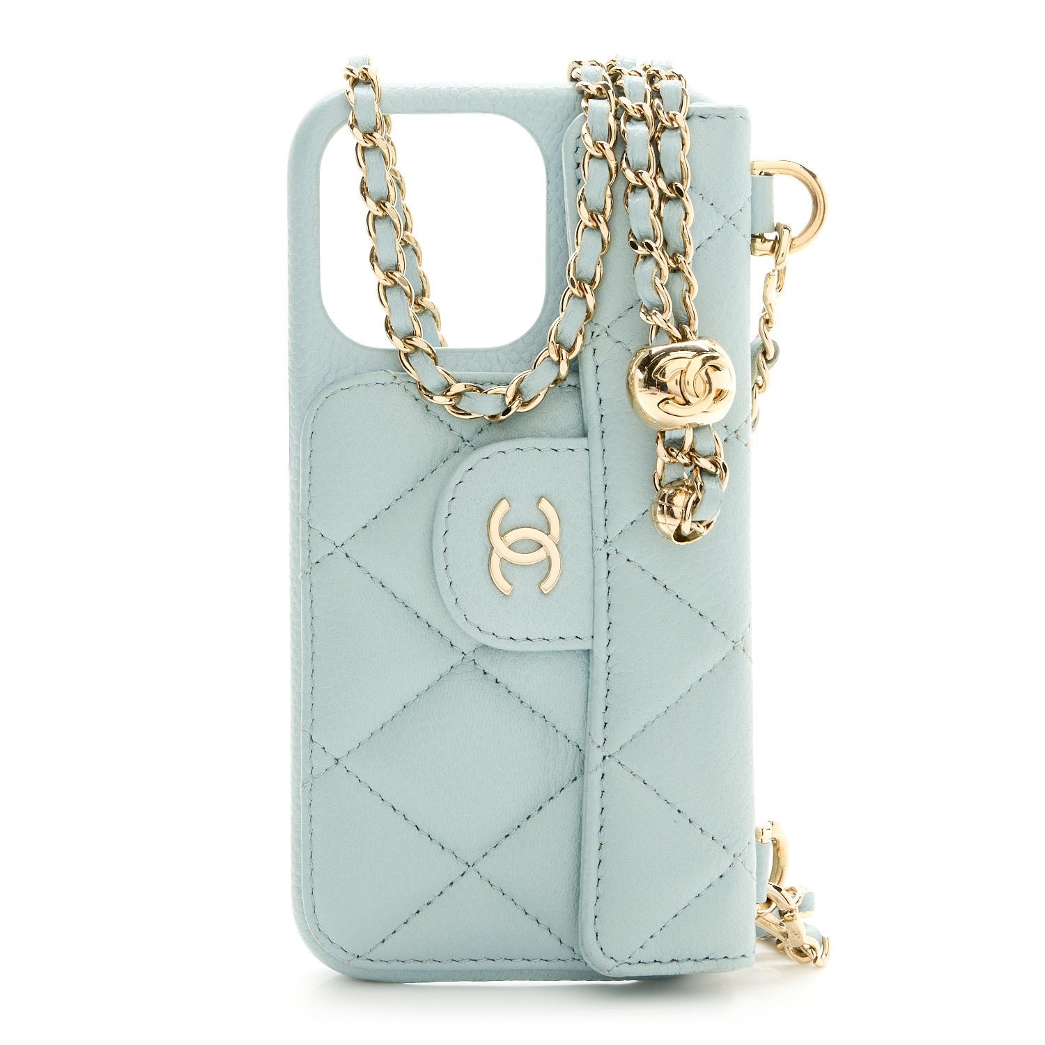 Chanel Caviar Quilted Pearl Crush iPhone 13 Pro Holder With Chain Light Blue