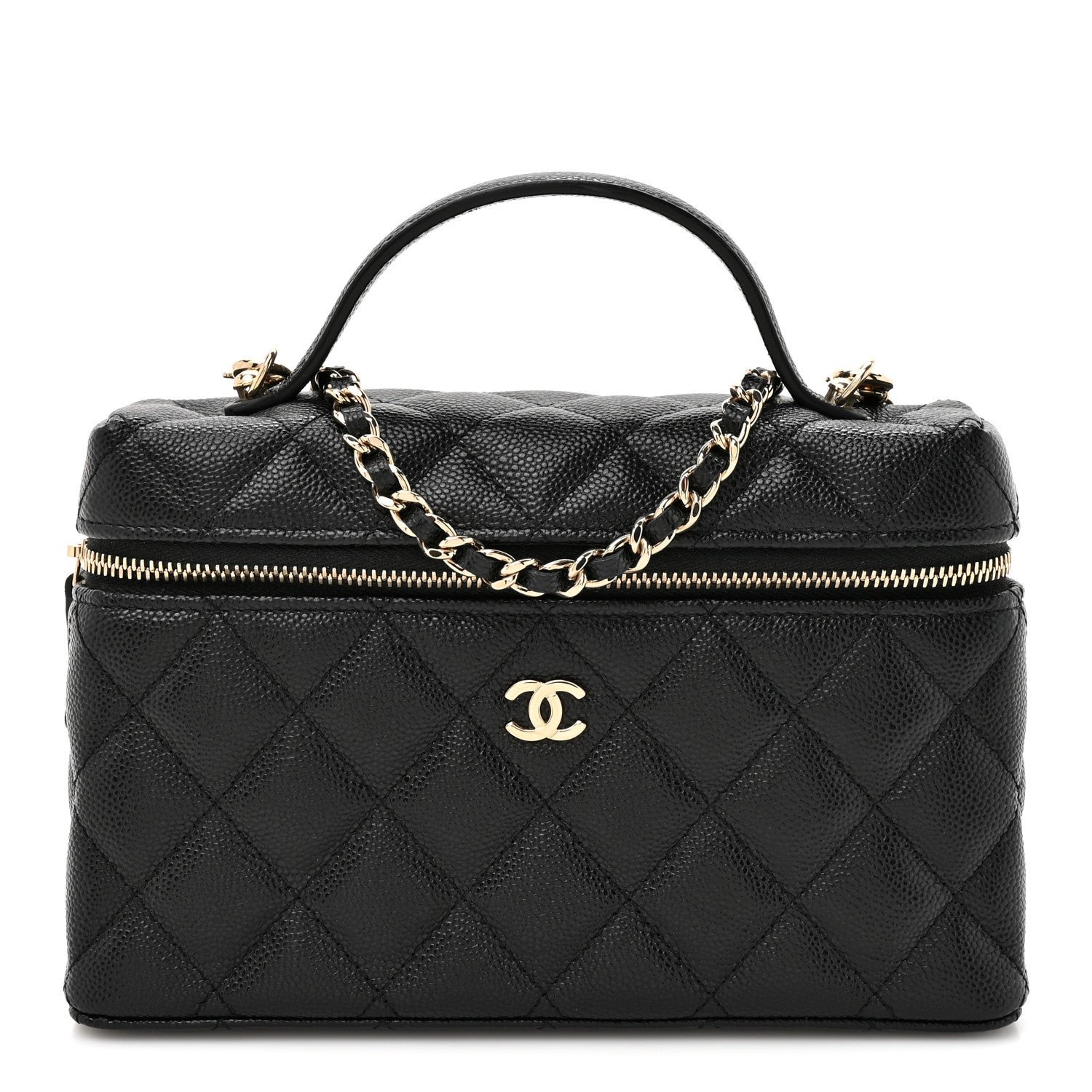 Chanel Caviar Quilted Top Handle Slim Vanity With Chain Black