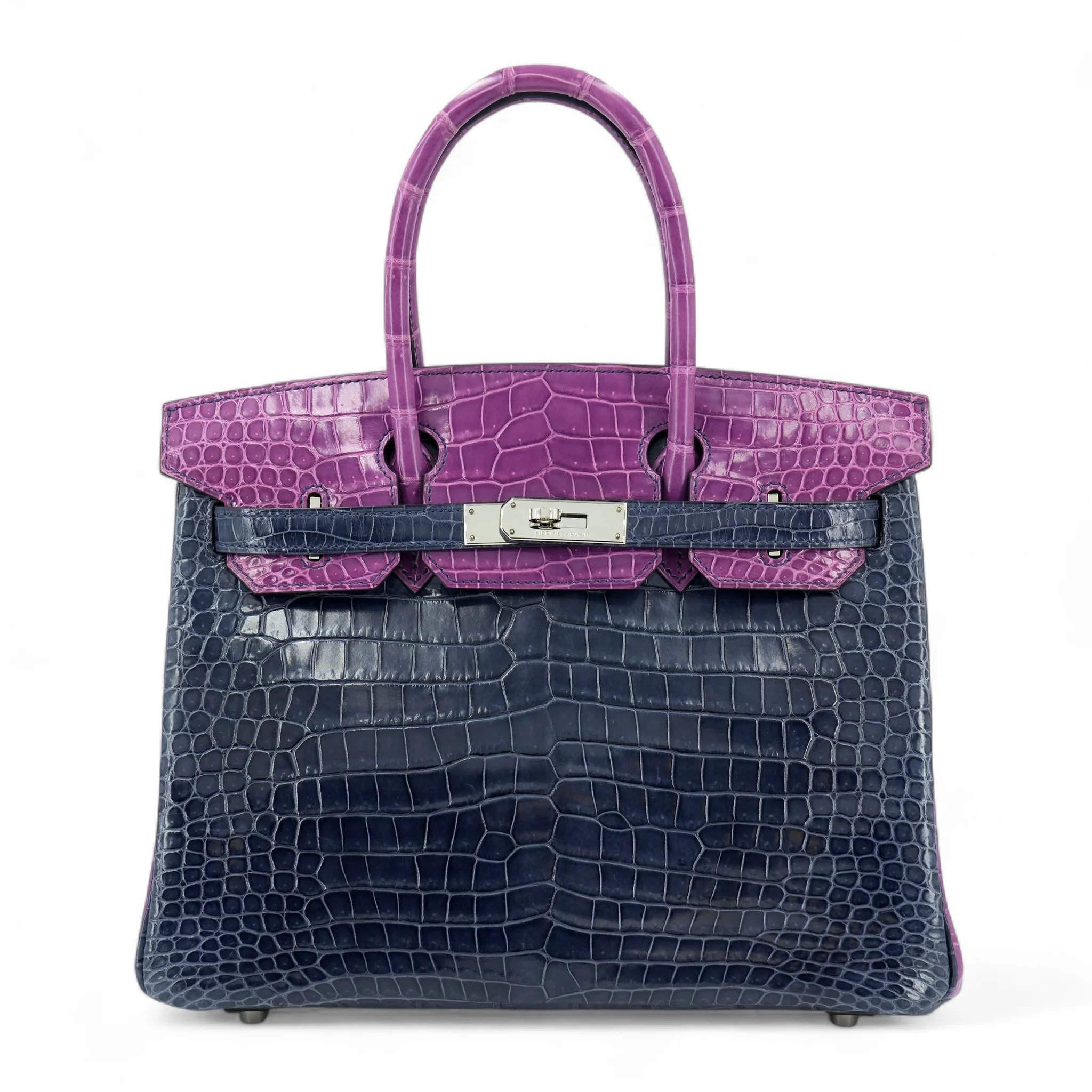Excellent ( Rank SA ) HERMÈS Special Order Birkin 30 HSS Bleu Orage (Y7) Violine (5C) Shiny Porosus Crocodile Palladium hardware Square N (2010)