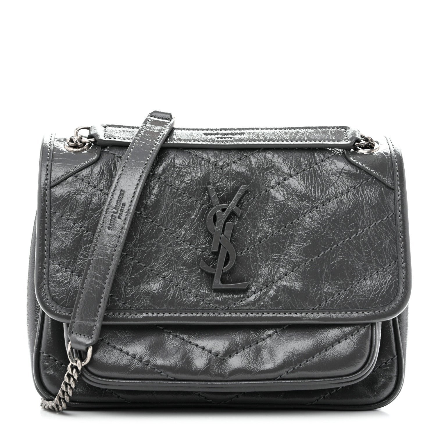 Saint Laurent Crinkled Calfskin Matelasse Monogram Baby Niki Chain Satchel Storm