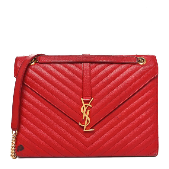 Saint Laurent Grain De Poudre Matelasse Chevron Large Monogram Satchel Lipstick Red