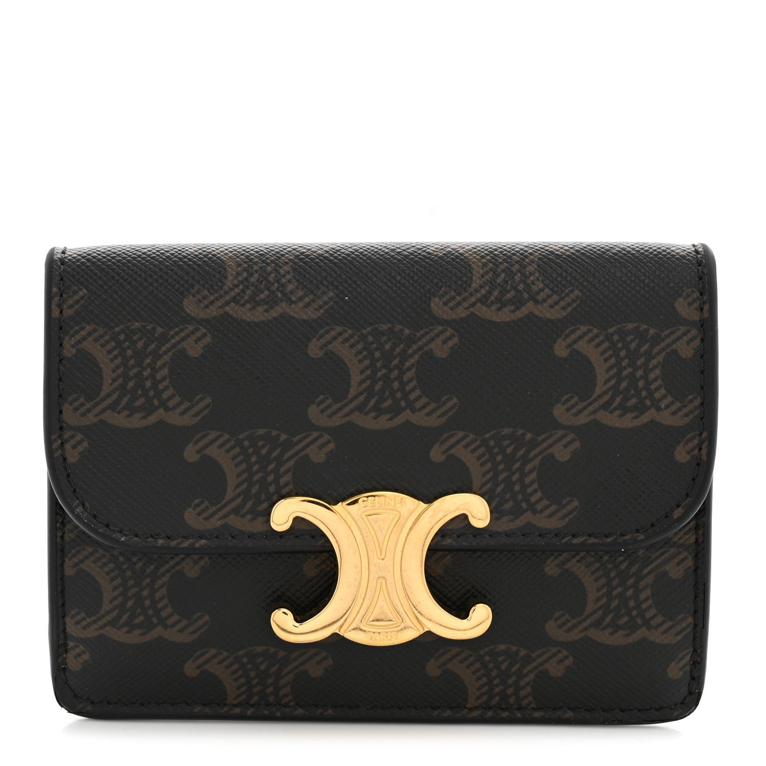 Celine Triomphe Canvas Calfskin Flap Card Holder Tan