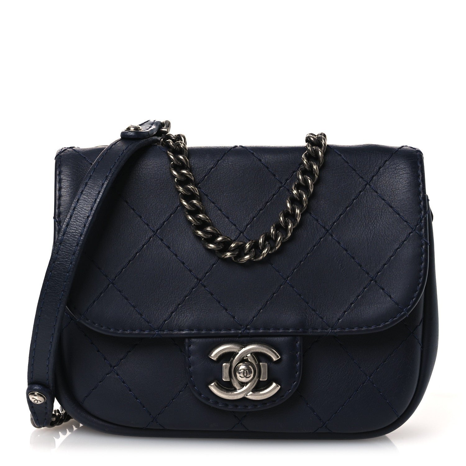 Chanel Calfskin Stitch CC Small Flap Navy Blue