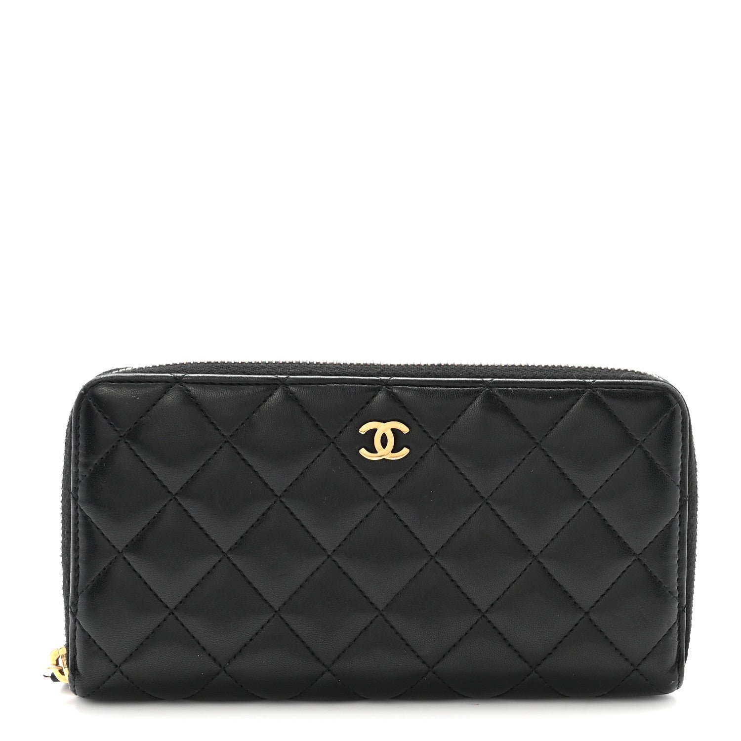 Chanel Lambskin Quilted Large Gusset Zip Around Wallet Black