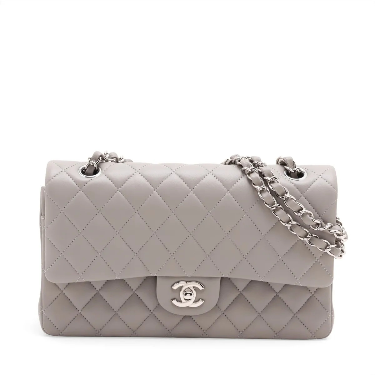 Chanel Matelasse 25 Lambskin Double Flap Double Chain Bag Gray Silver Metal Fitt