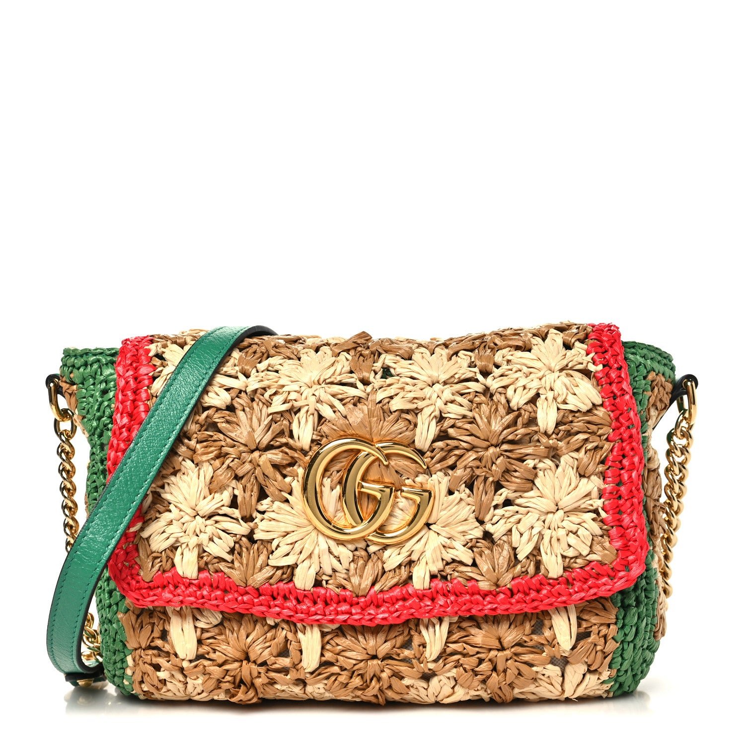 Gucci Raffia Azalea Calfskin Crochet Flower Small GG Marmont Shoulder Bag Natural Ecru Green Red New Shamarock