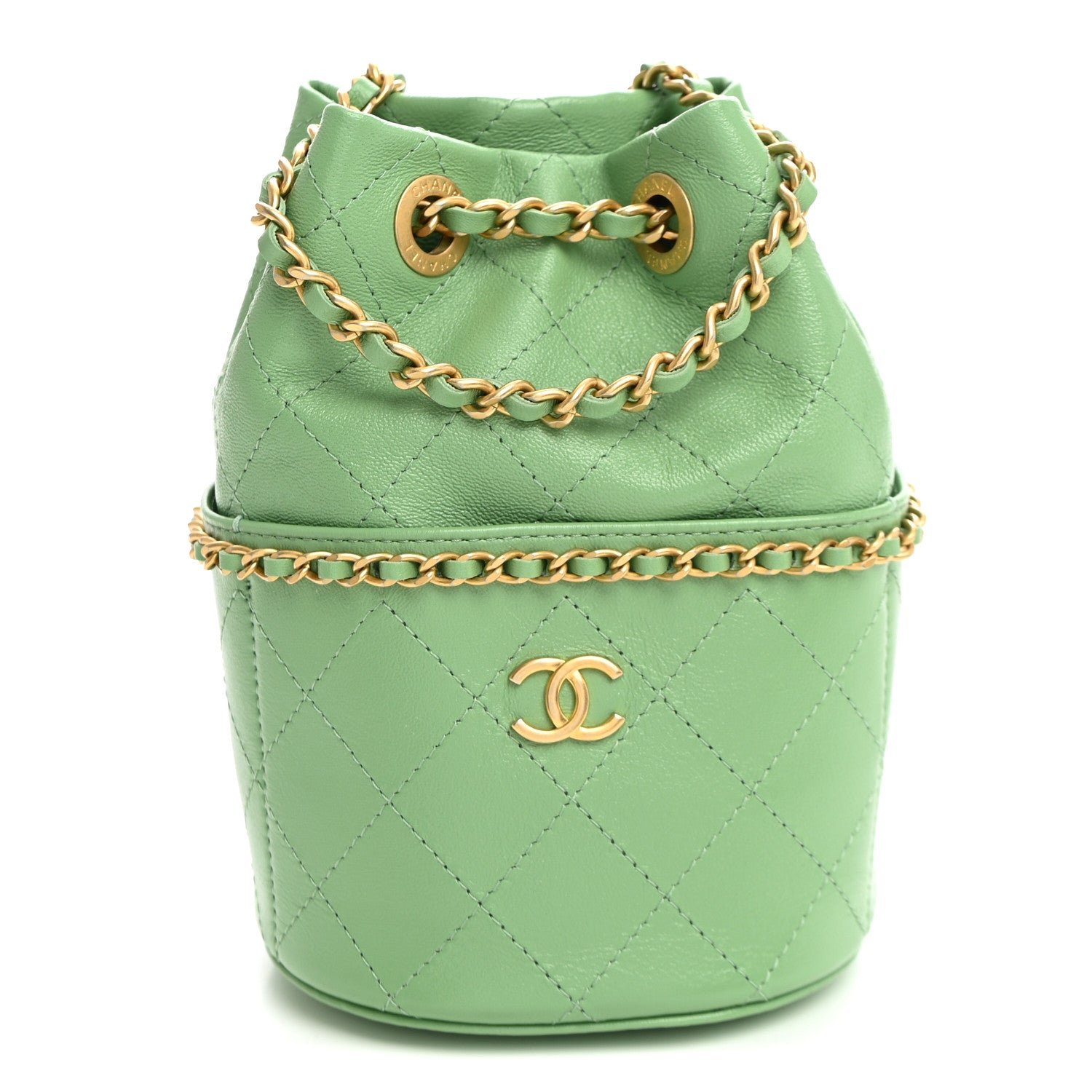 Chanel Shiny Lambskin Quilted Chain Around Drawstring Bucket Clutch With Chain Green