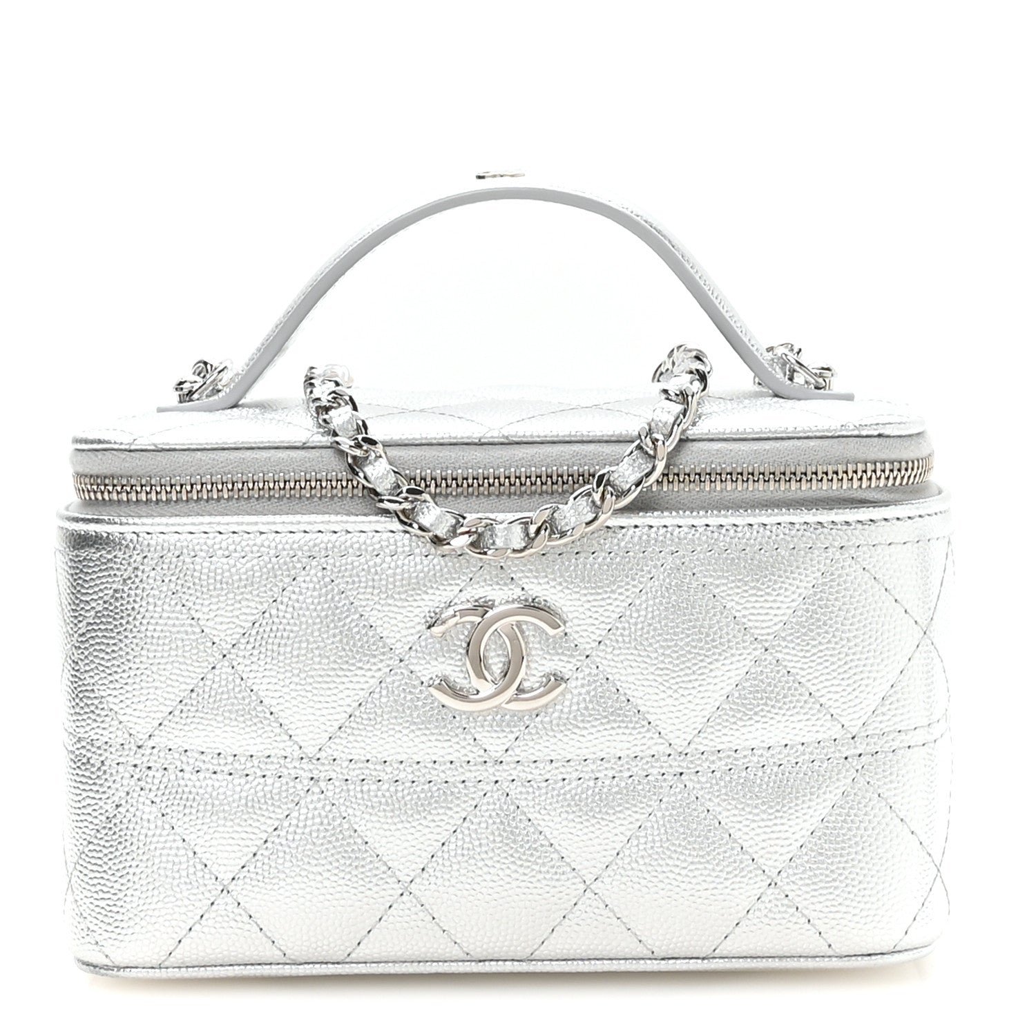 Chanel Metallic Caviar Quilted Trendy Handle Mini Vanity Silvery