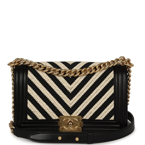 Pre-owned Chanel Medium Braided Chevron Boy Bag Black & White Fabric, Black Calfskin Antique Gold Hardware