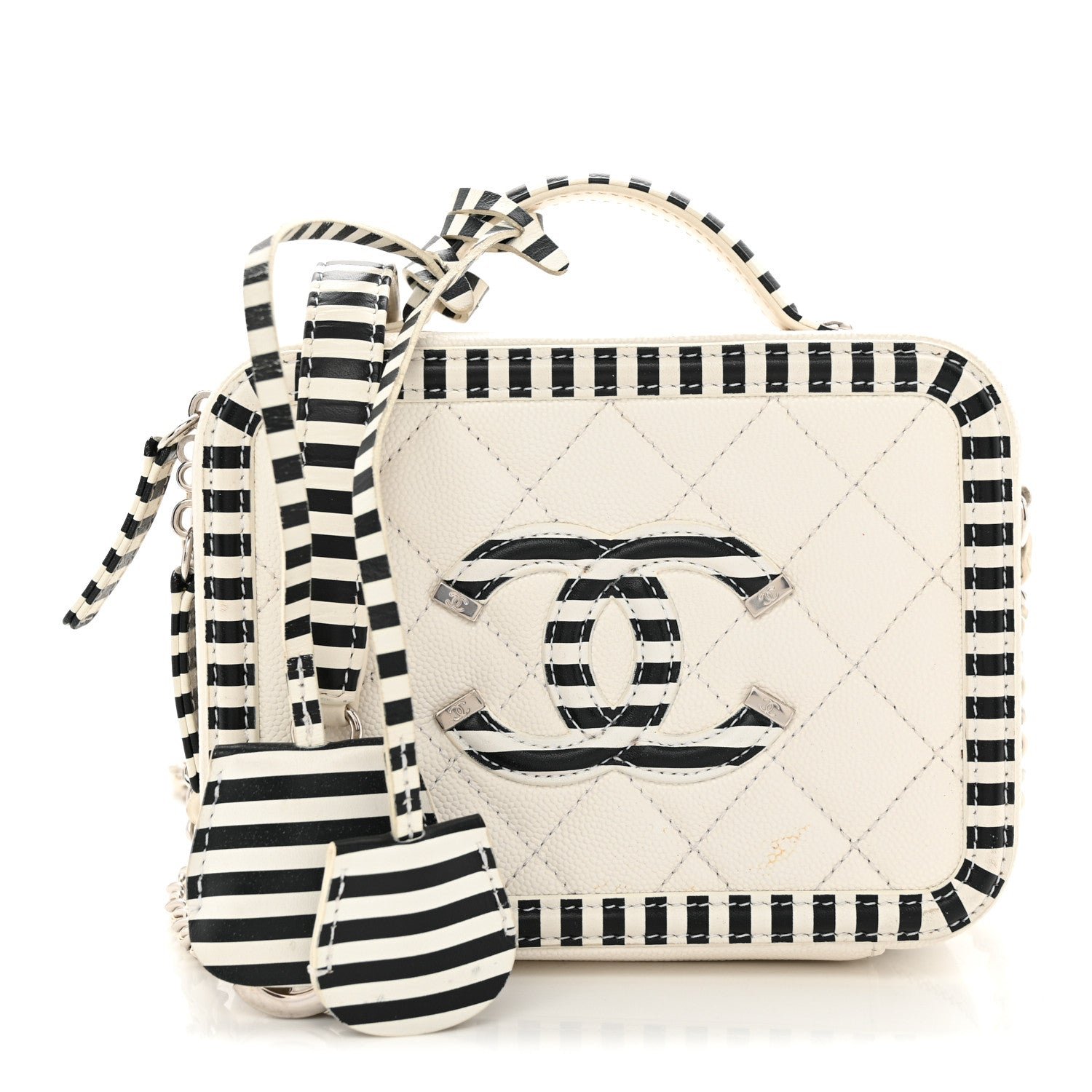 Chanel Caviar Quilted Striped Small CC Filigree Vanity Case White Black