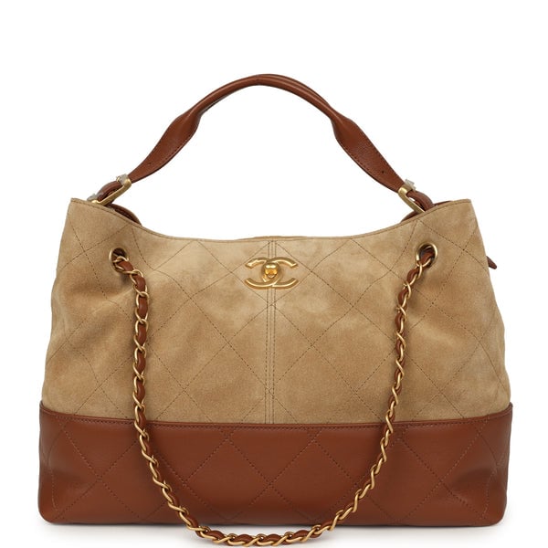 Chanel Small Coco Base Hobo Bag Beige Suede, Camel Lambskin Brushed Gold Hardware