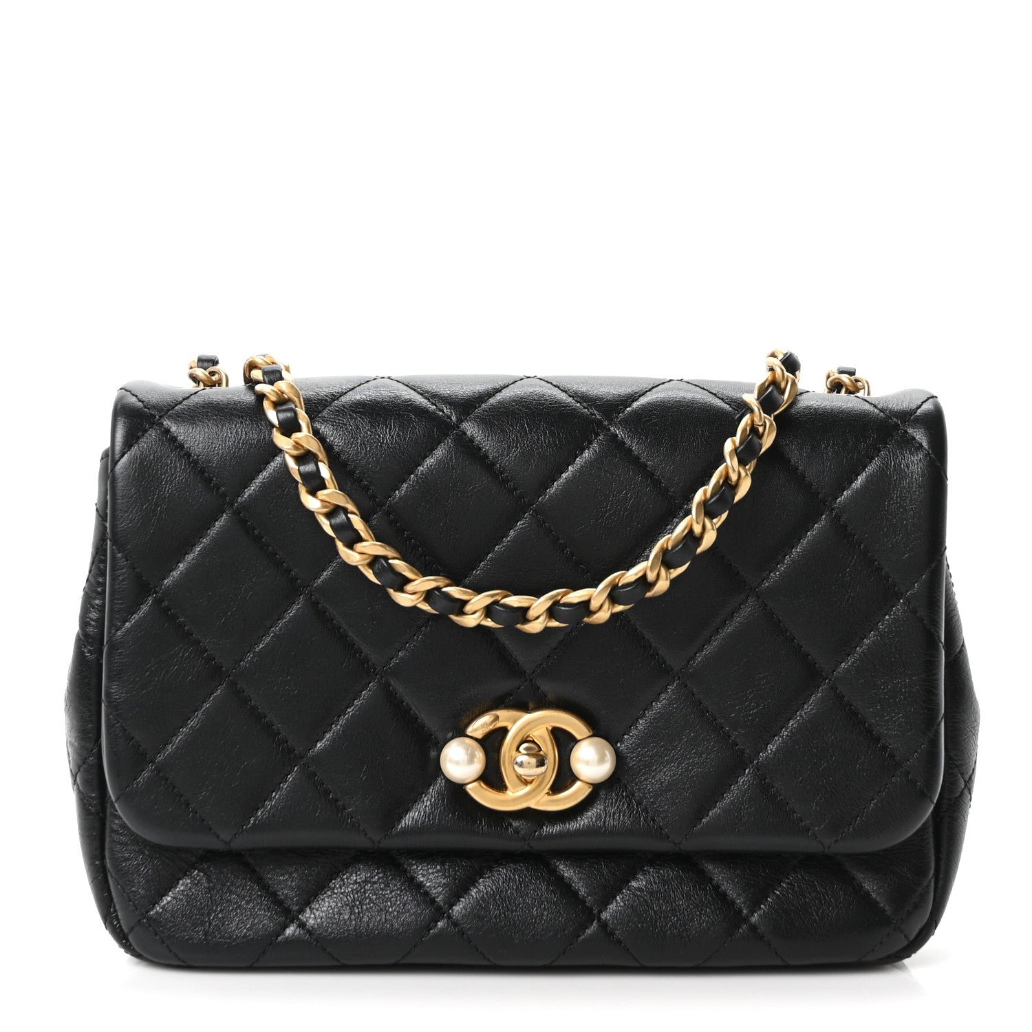 Chanel Glazed Calfskin Quilted Pearl Side Flap Black