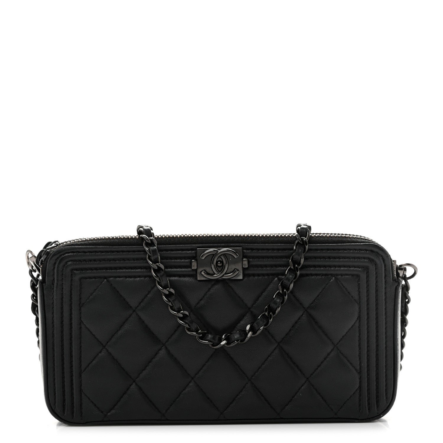 Chanel Lambskin Quilted Small Boy Clutch With Chain So Black