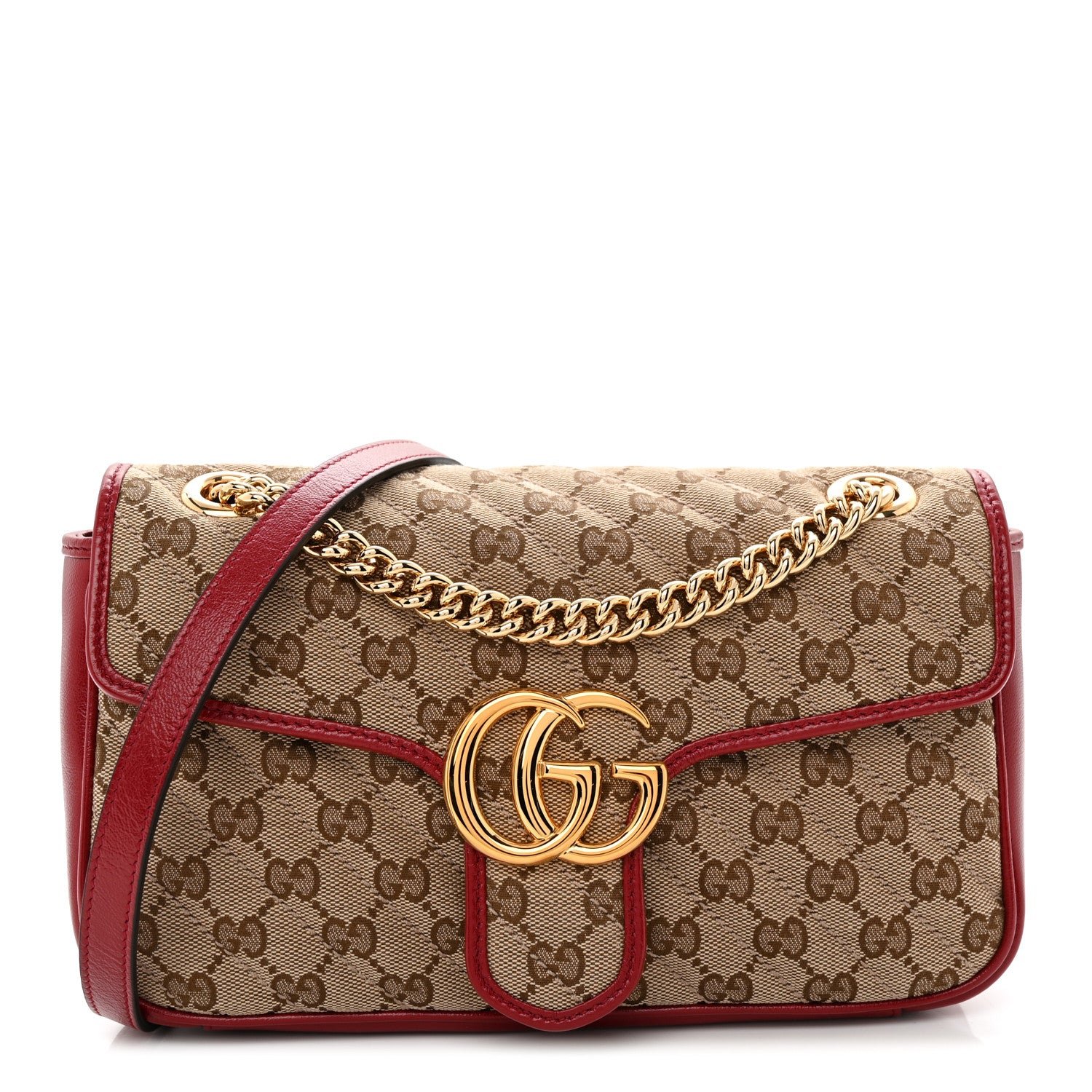 Gucci Monogram Azalea Calfskin Matelasse Diagonal Small GG Marmont Shoulder Bag Beige Ebony New Cherry Red