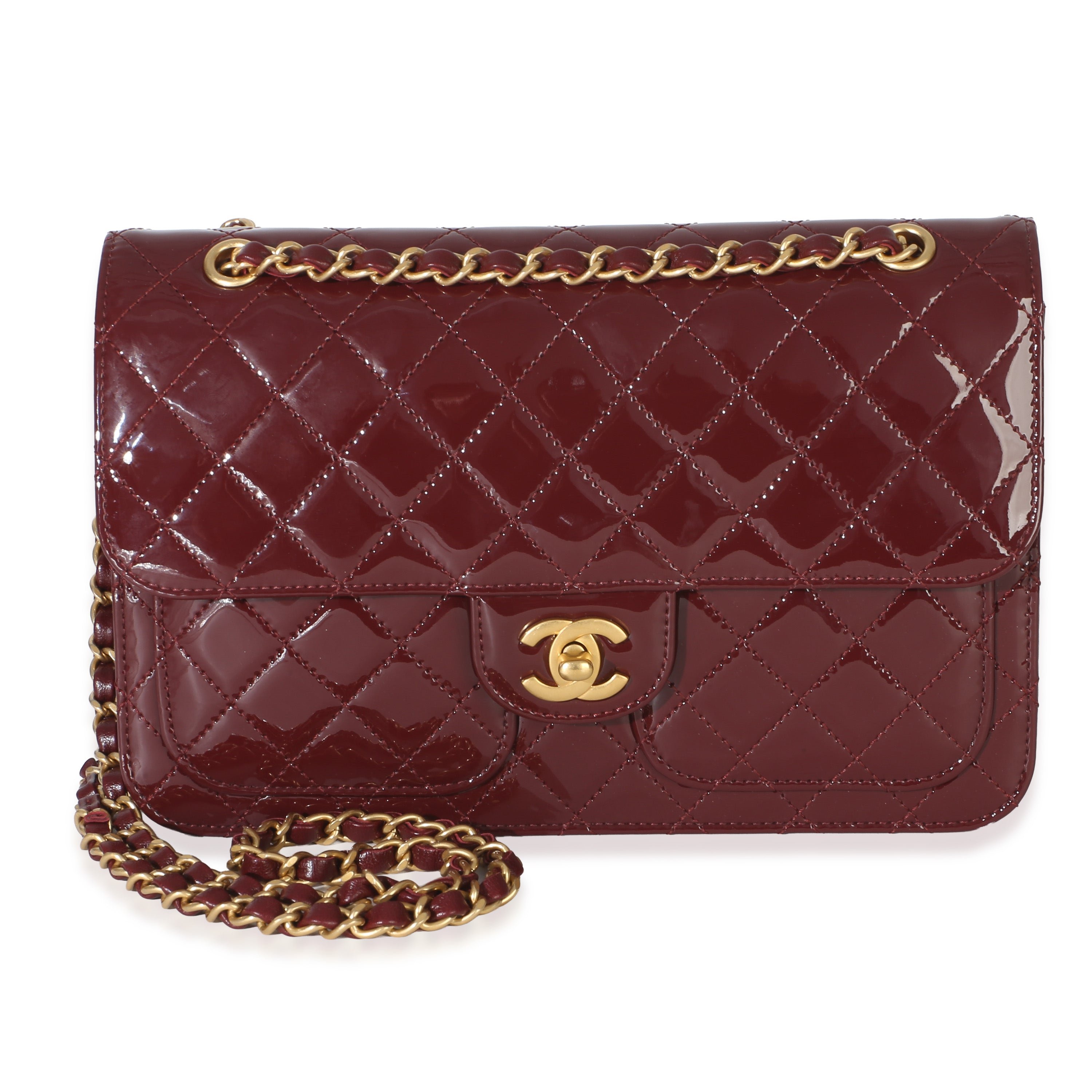 25B Burgundy Quilted Patent Double Pocket Flap Bag