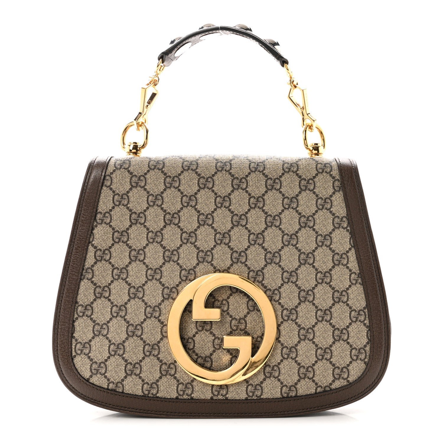 Gucci GG Supreme Monogram Textured Dollar Calfskin Web Medium Blondie Top Handle Shoulder Flap Bag Beige Ebony New Acero