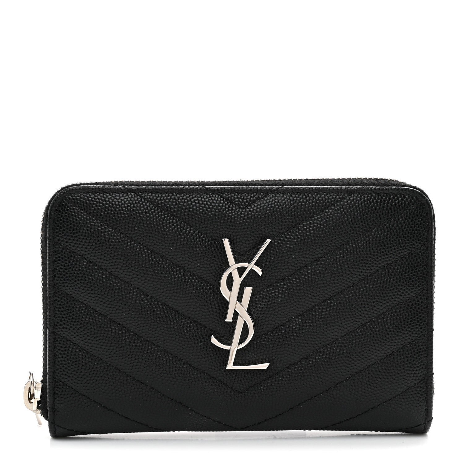 Saint Laurent Grain De Poudre Matelasse Chevron Monogram Small Zip Around Wallet Black