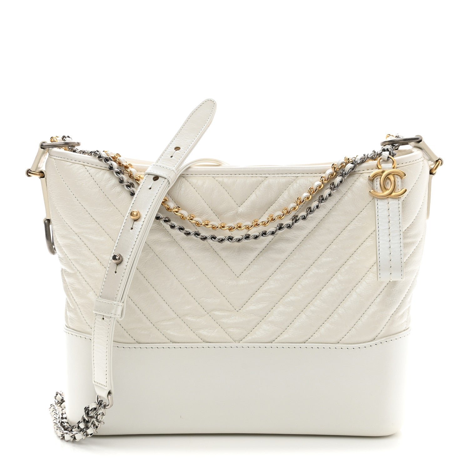 Chanel Aged Calfskin Chevron Quilted Medium Gabrielle Hobo White