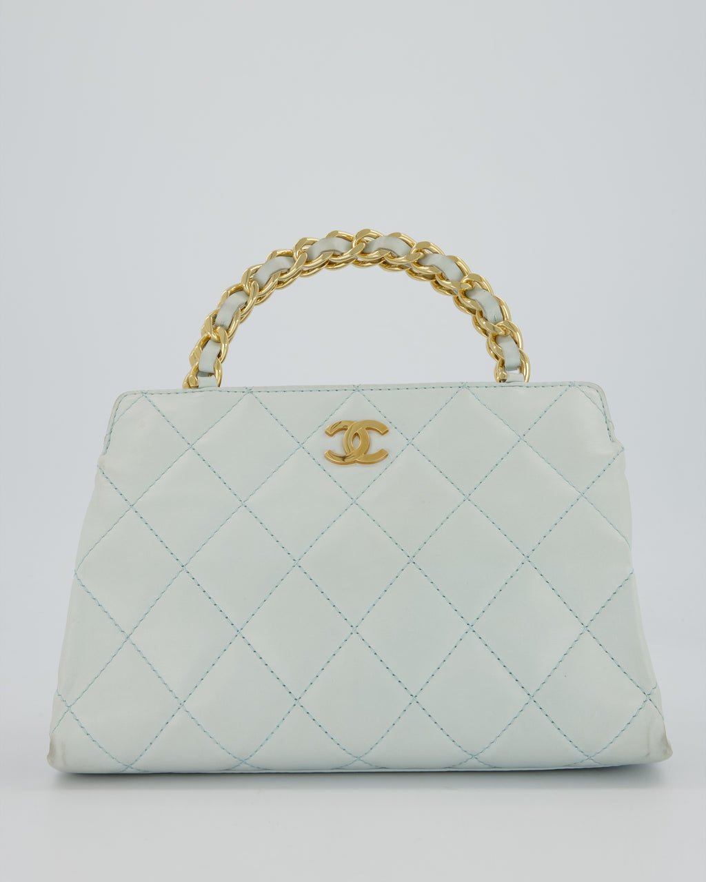 Chanel Baby Blue Quilted Top Handle Bag in Lambskin Leather With Gold Hardware