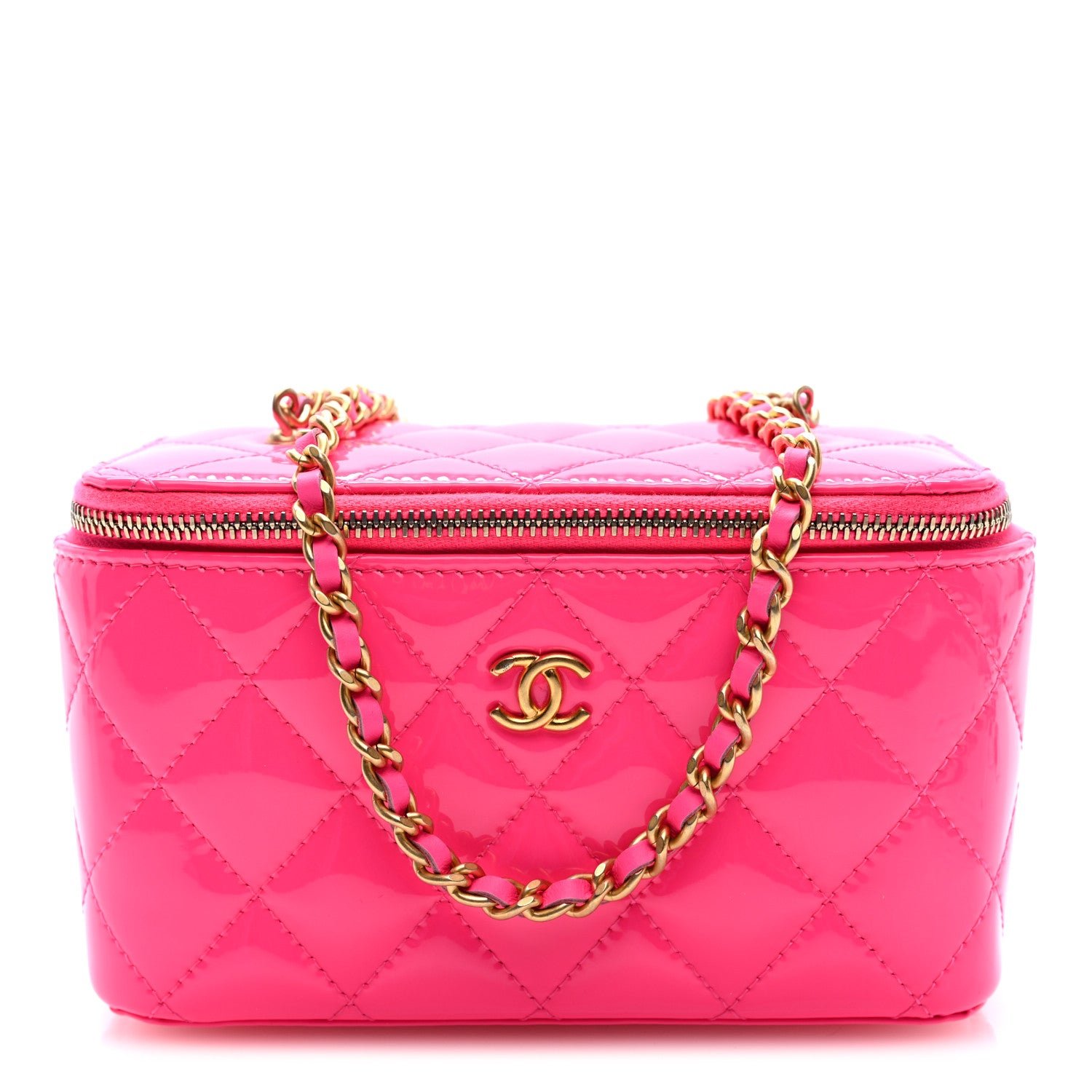 Chanel Patent Quilted Pearl Crush Small Vanity Case With Chain Neon Pink
