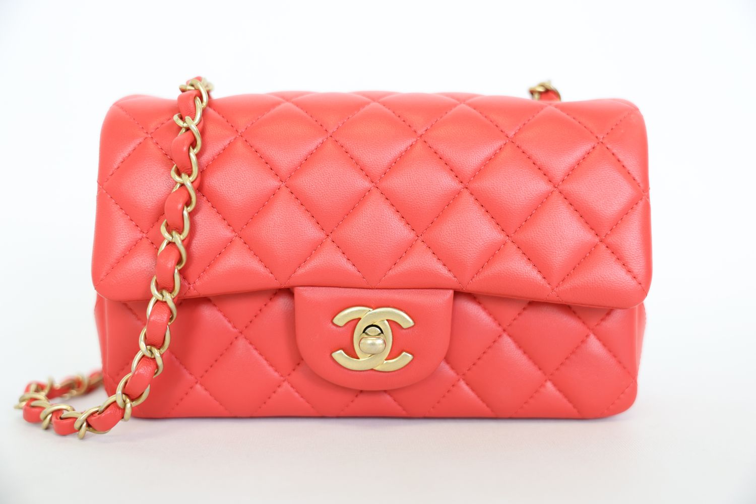 Chanel Classic Mini Rectangular, Coral Red Lambskin with Brushed Gold Hardware, Preowned in Box WA001