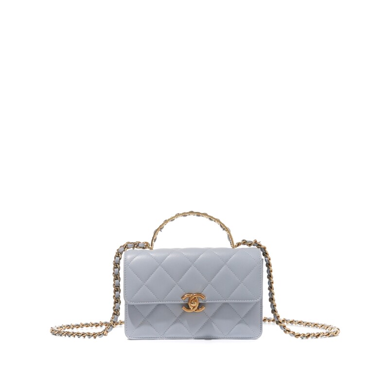 Blue Quilted Lambskin Top Handle Flap Bag Aged Gold Hardware