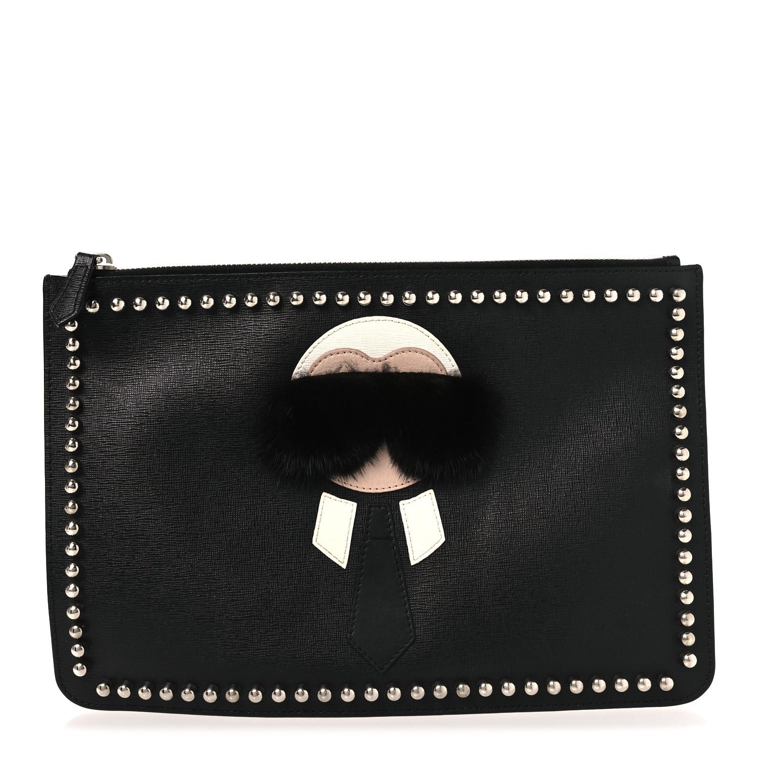 Fendi Vitello Elite Flamingo Mink Karlito Studded Pouch Black White Plaster