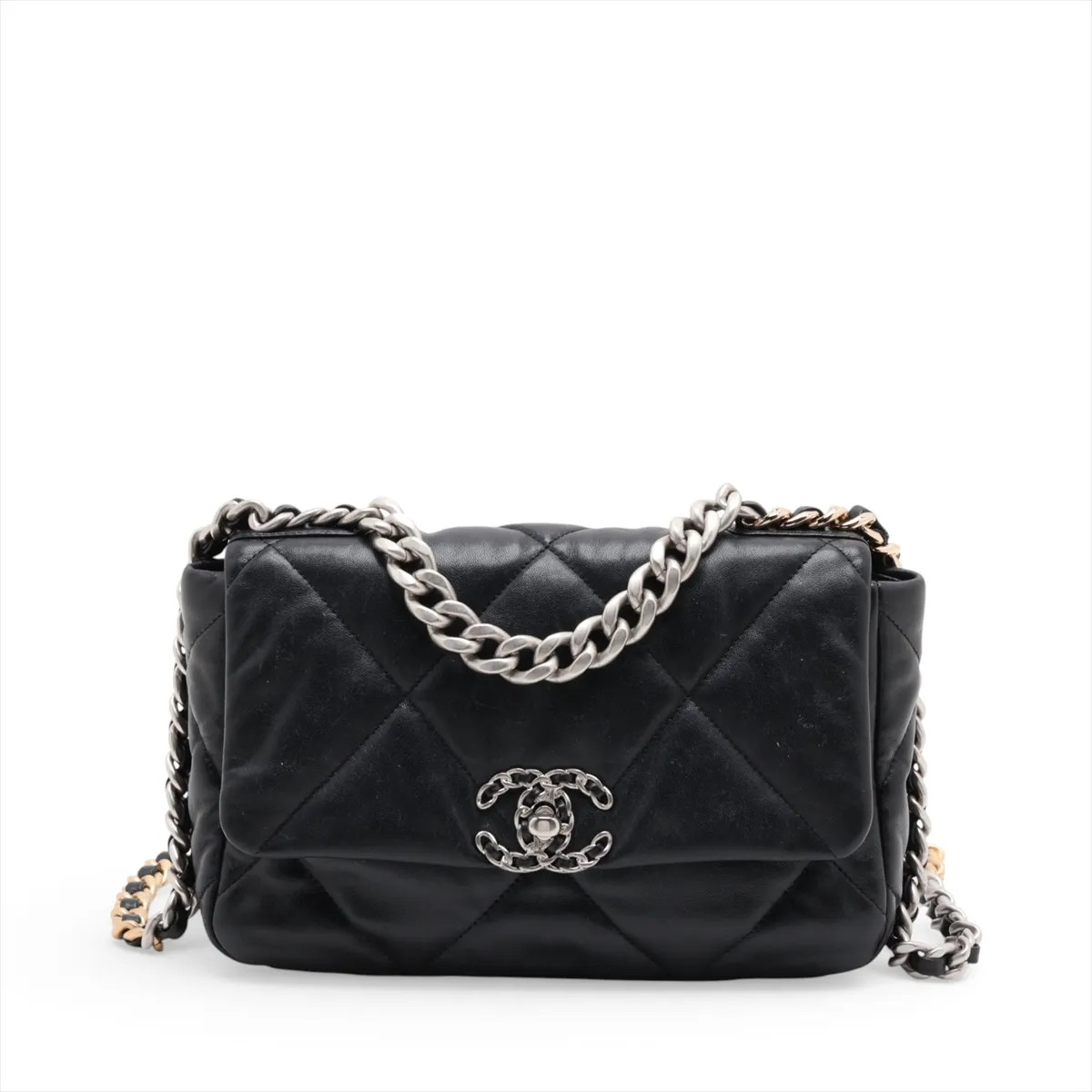Chanel CHANEL 19 Lambskin 2 Way Shoulder Bag Black Gold x Silver Metal Fittings
