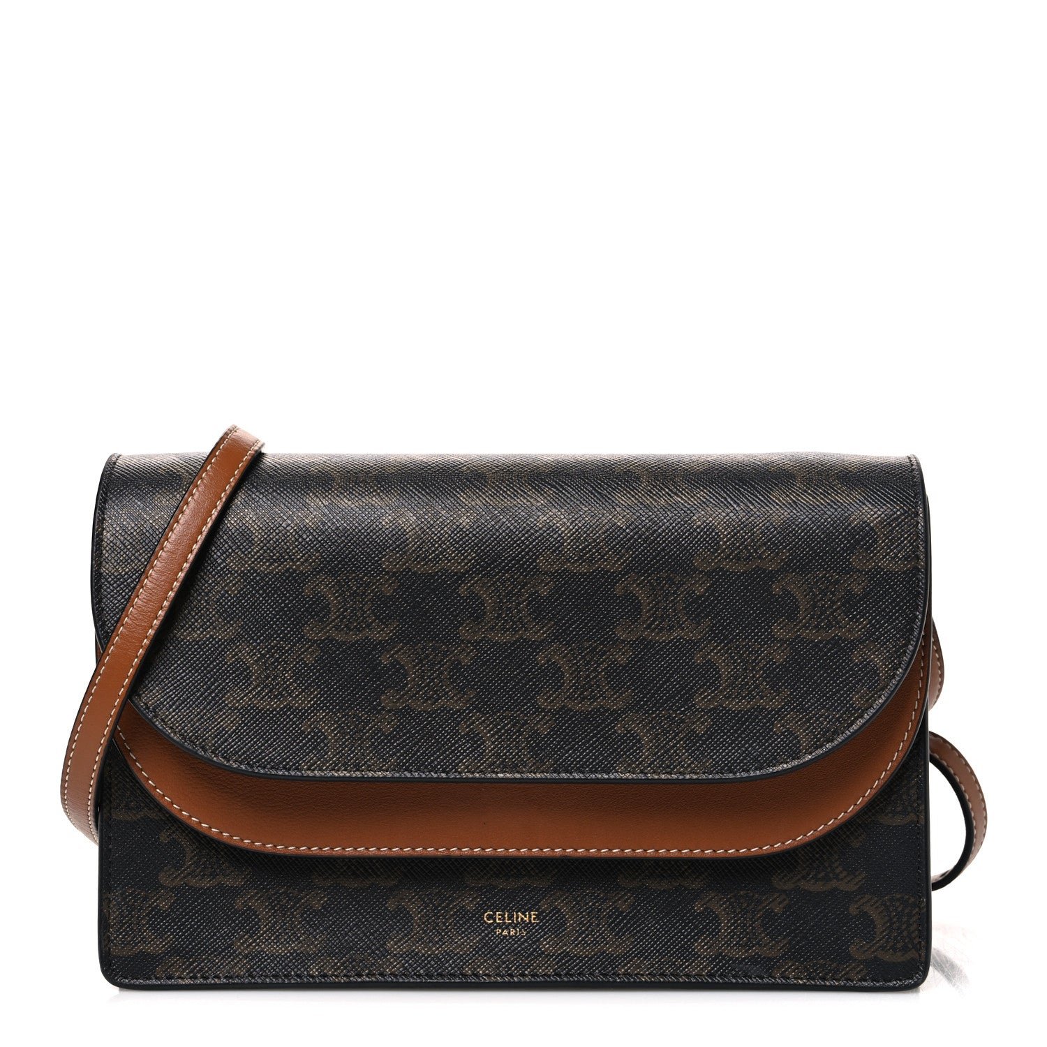 Celine Triomphe Canvas Lambskin Wallet On Strap Tan