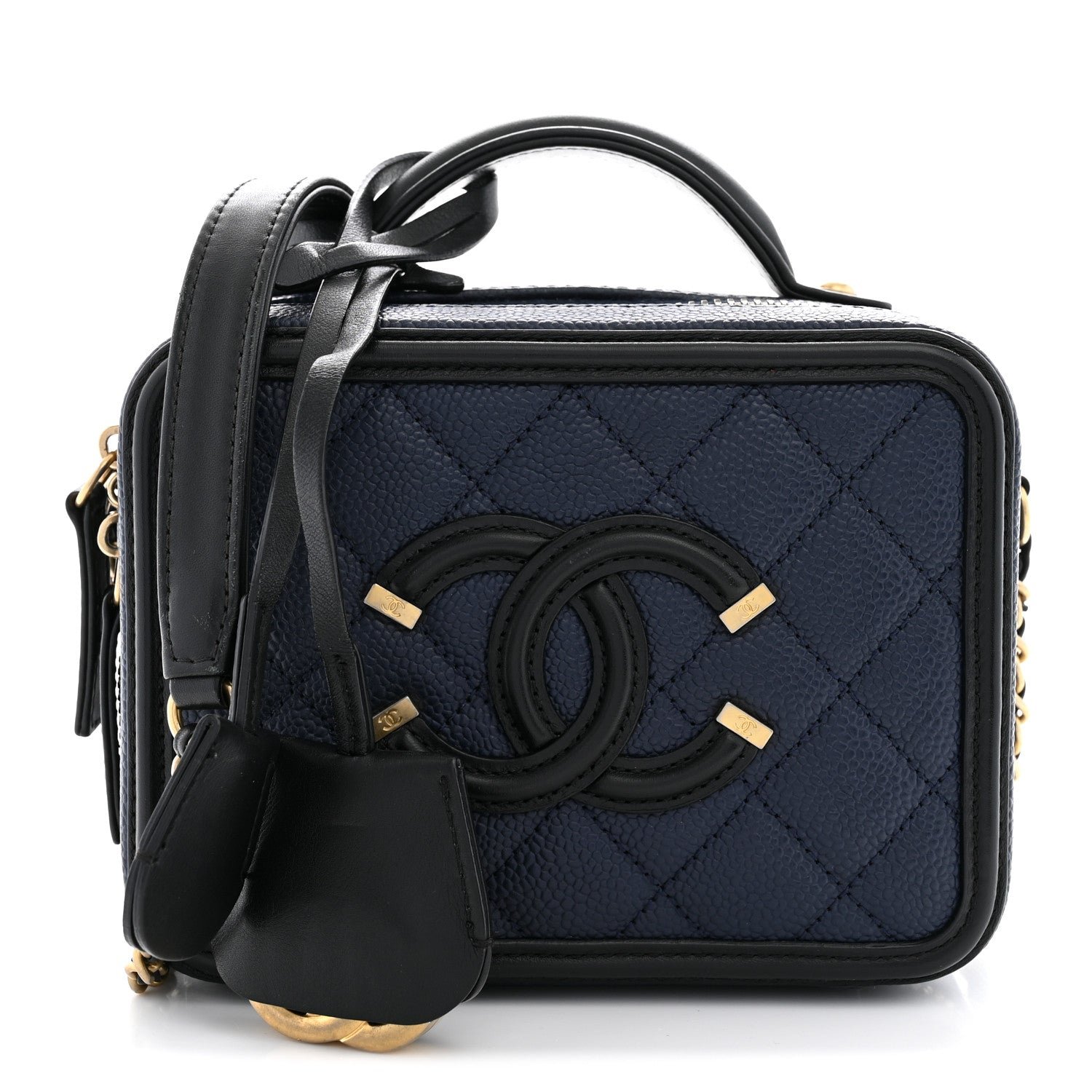 Chanel Caviar Quilted Small CC Filigree Vanity Case Navy Black