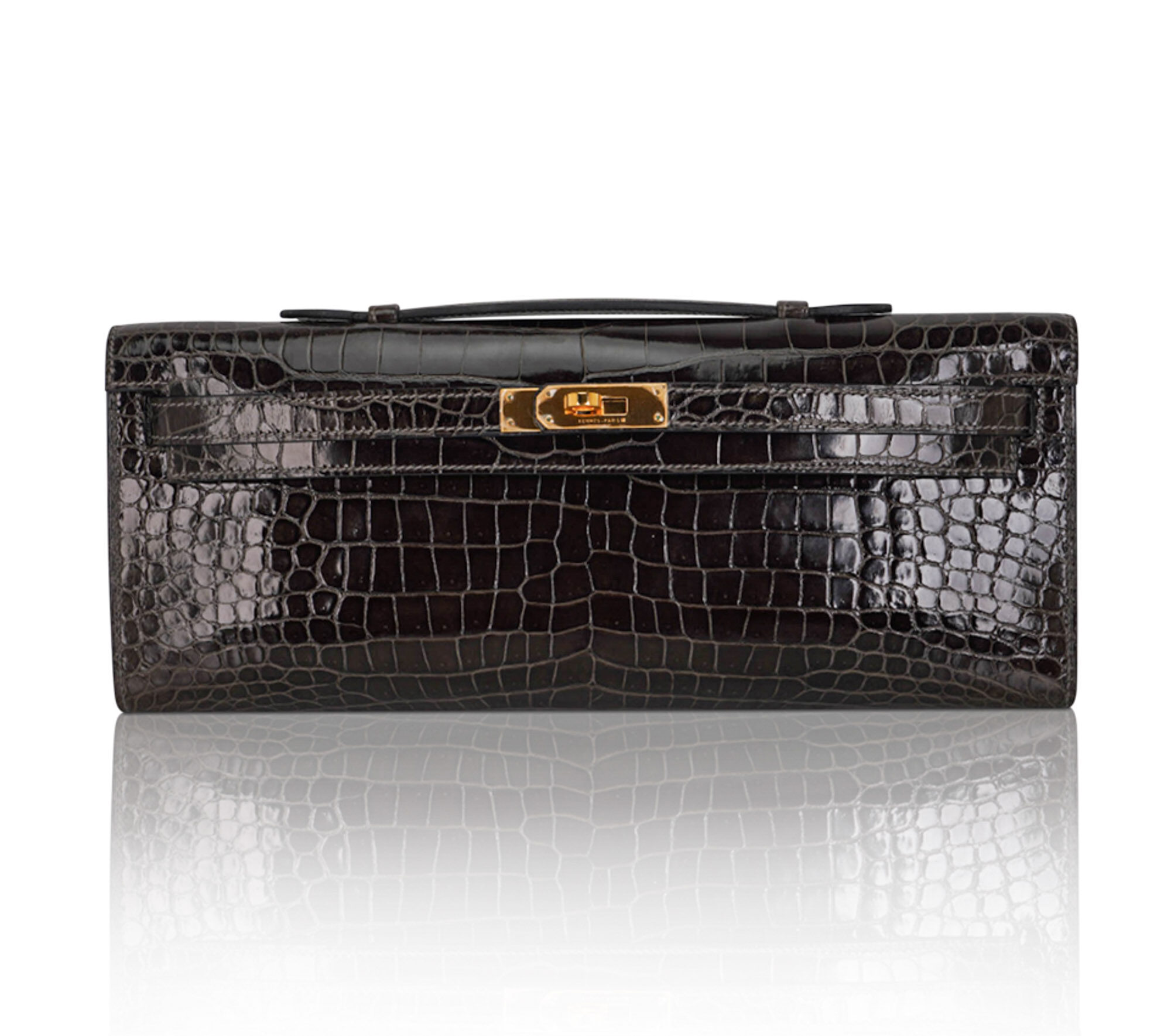 Hermes Hermes Kelly Cut Gris Elephant Porosus Crocodile Clutch Bag Gold Hardware