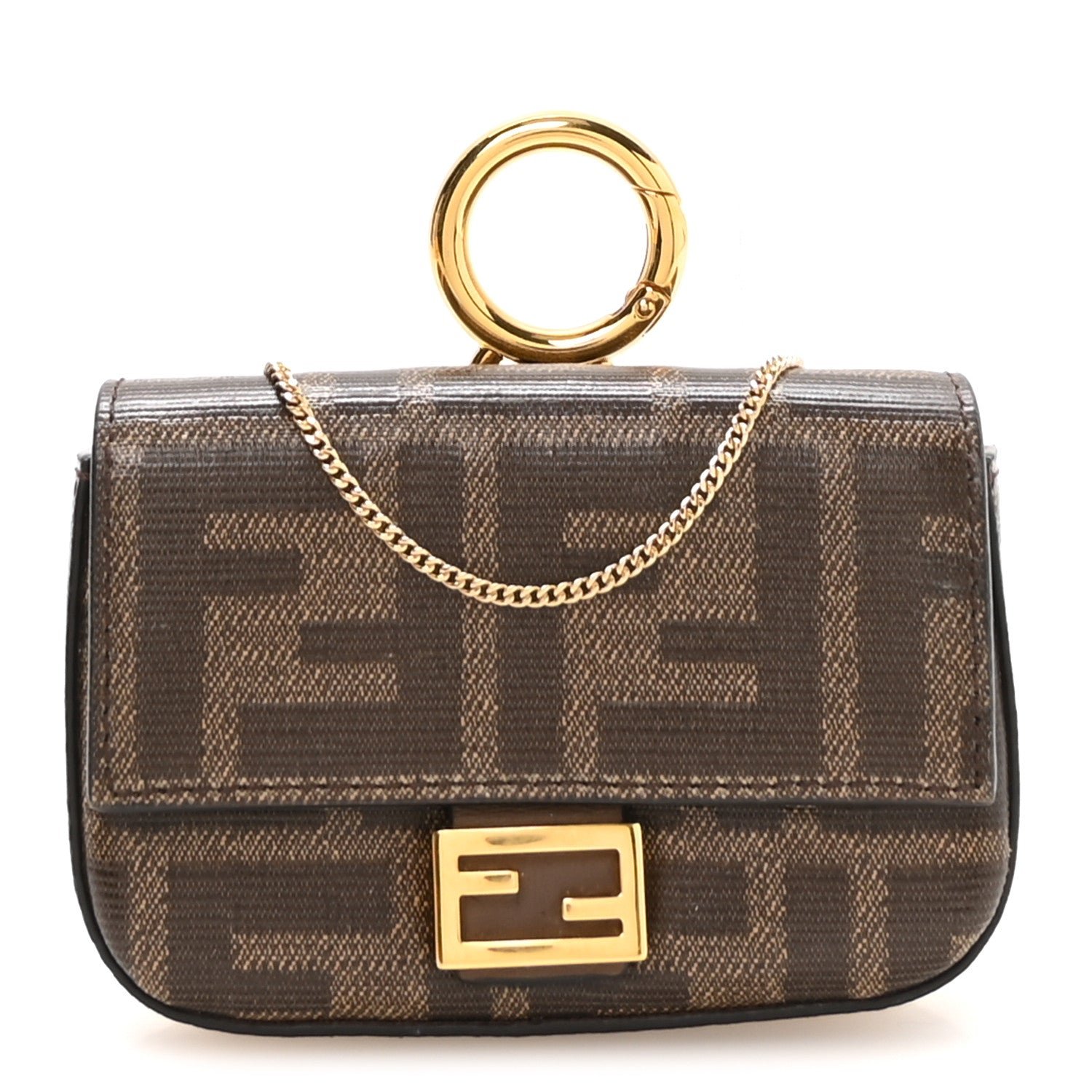 Fendi Glazed Fabric FF 1974 Nano Baguette Charm Mogano Panna