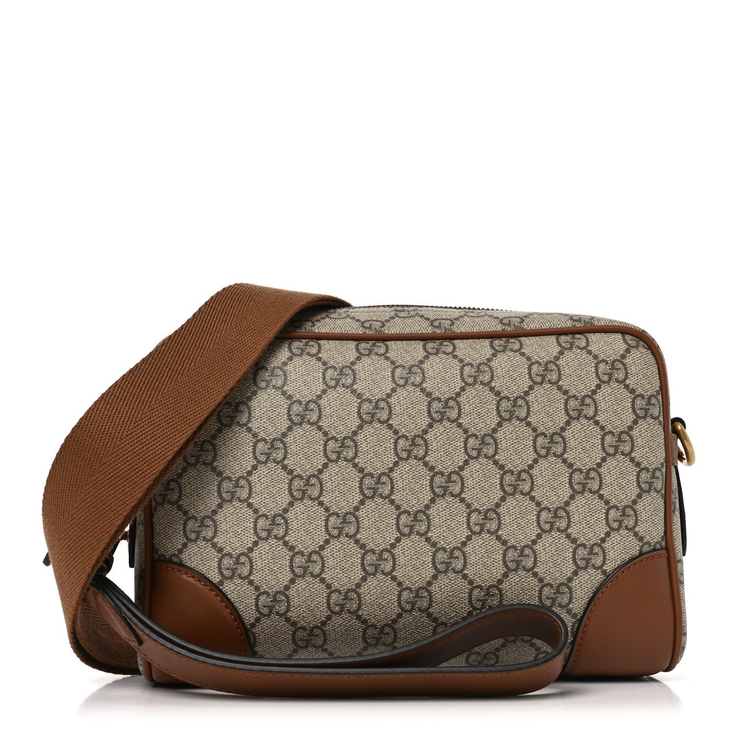 Gucci GG Supreme Monogram Textured Calfskin Emblem Small Crossbody Beige Dark Brown