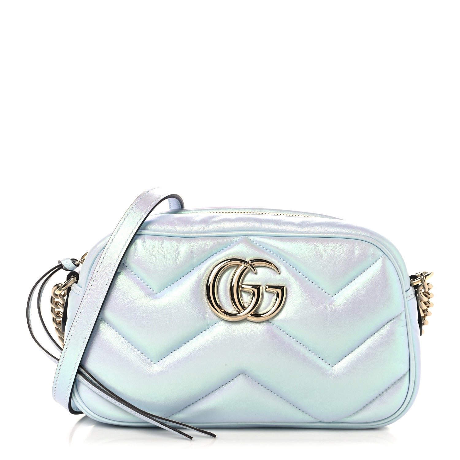 Gucci Iridescent Nappa Chevron Matelasse Small GG Marmont Chain Shoulder Bag Iridescent Snow Light Blue