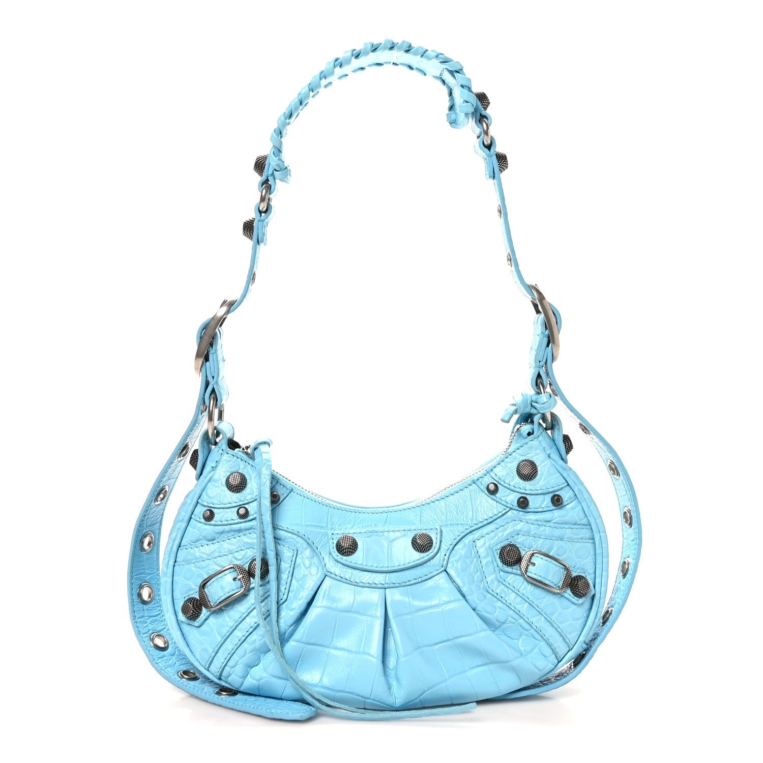 Balenciaga Extra Supple Calfskin Crocodile Embossed Le Cagole Shoulder Bag XS Sky Blue