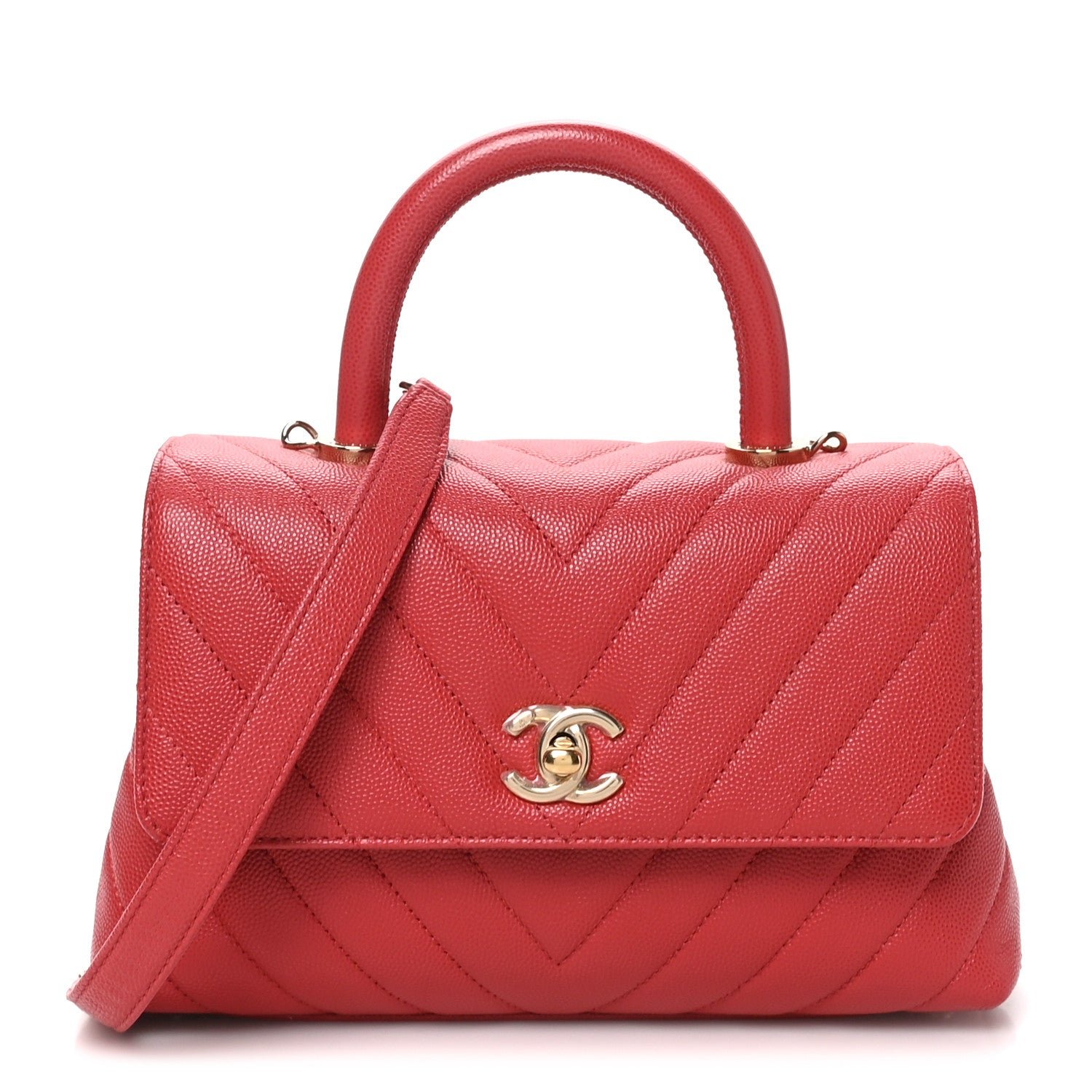 Chanel Caviar Chevron Quilted Mini Coco Handle Flap Red